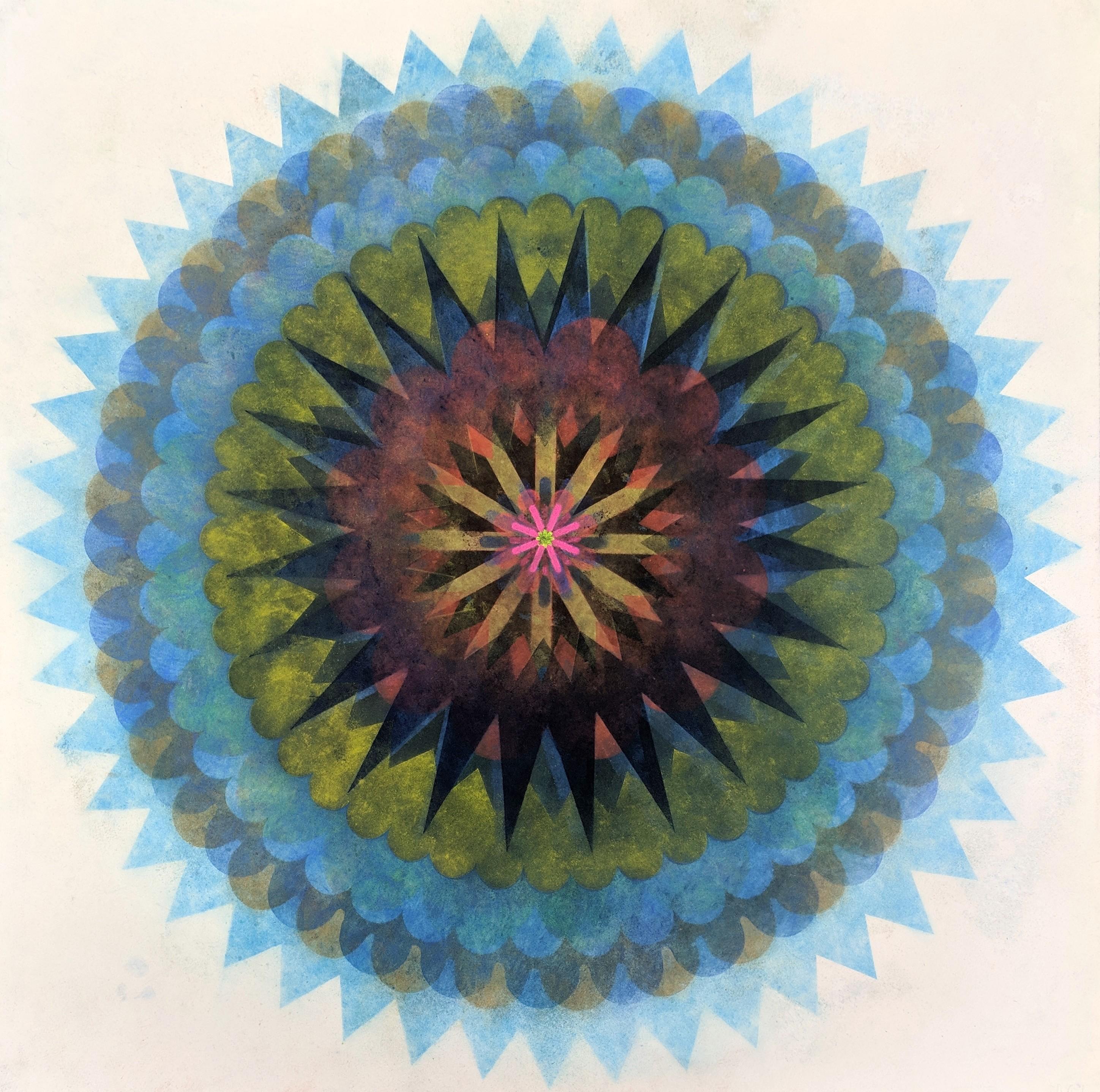 Mary Judge Abstract Drawing - Pop Flower 61, Mandala in Bright Blue, Yellow, Brown, Neon Pink, Orange