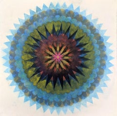 Pop Flower 61, Mandala in Bright Blue, Yellow, Brown, Neon Pink, Orange