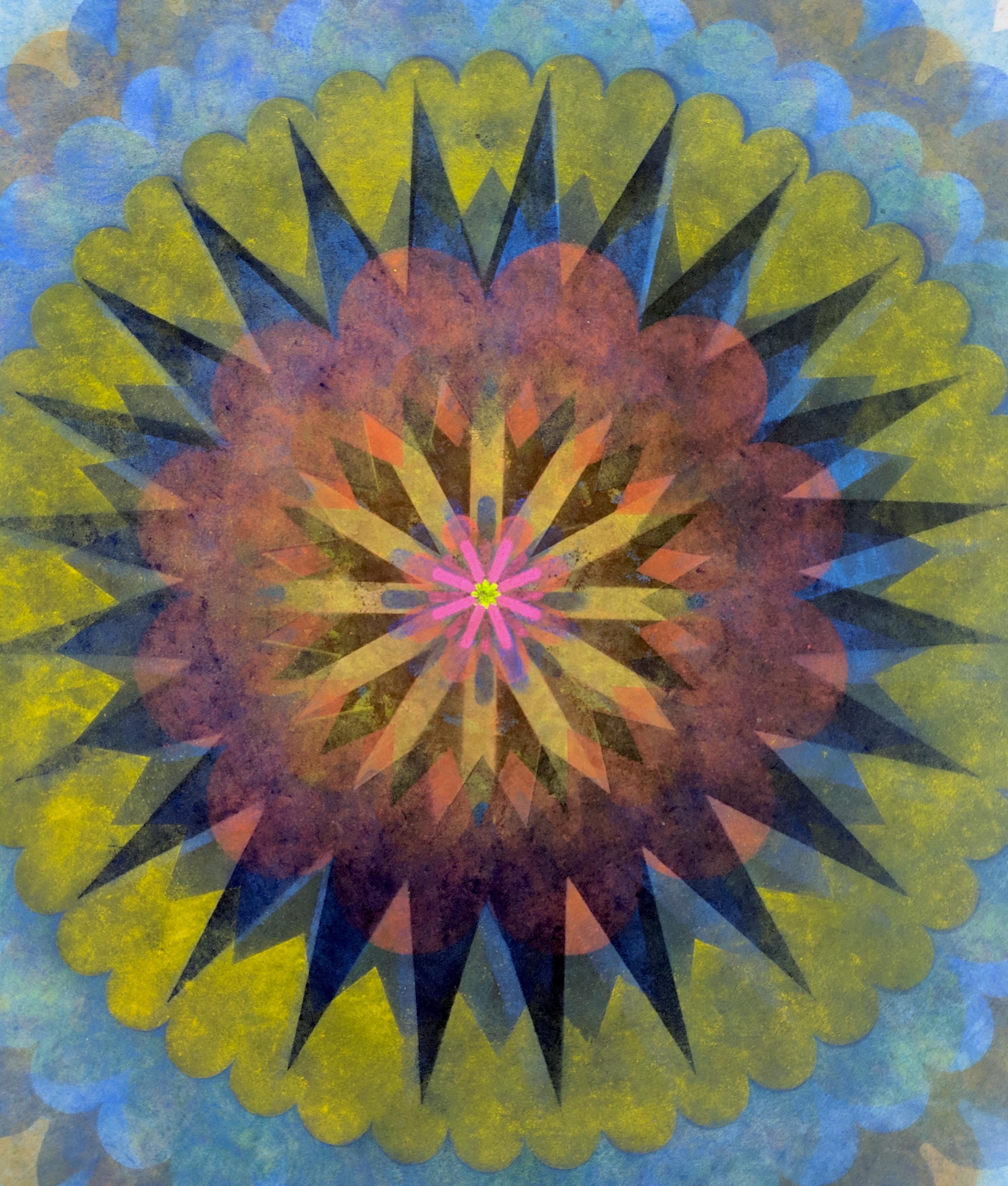 Pop Flower 61, Mandala in Bright Blue, Yellow, Brown, Neon Pink, Orange - Art by Mary Judge