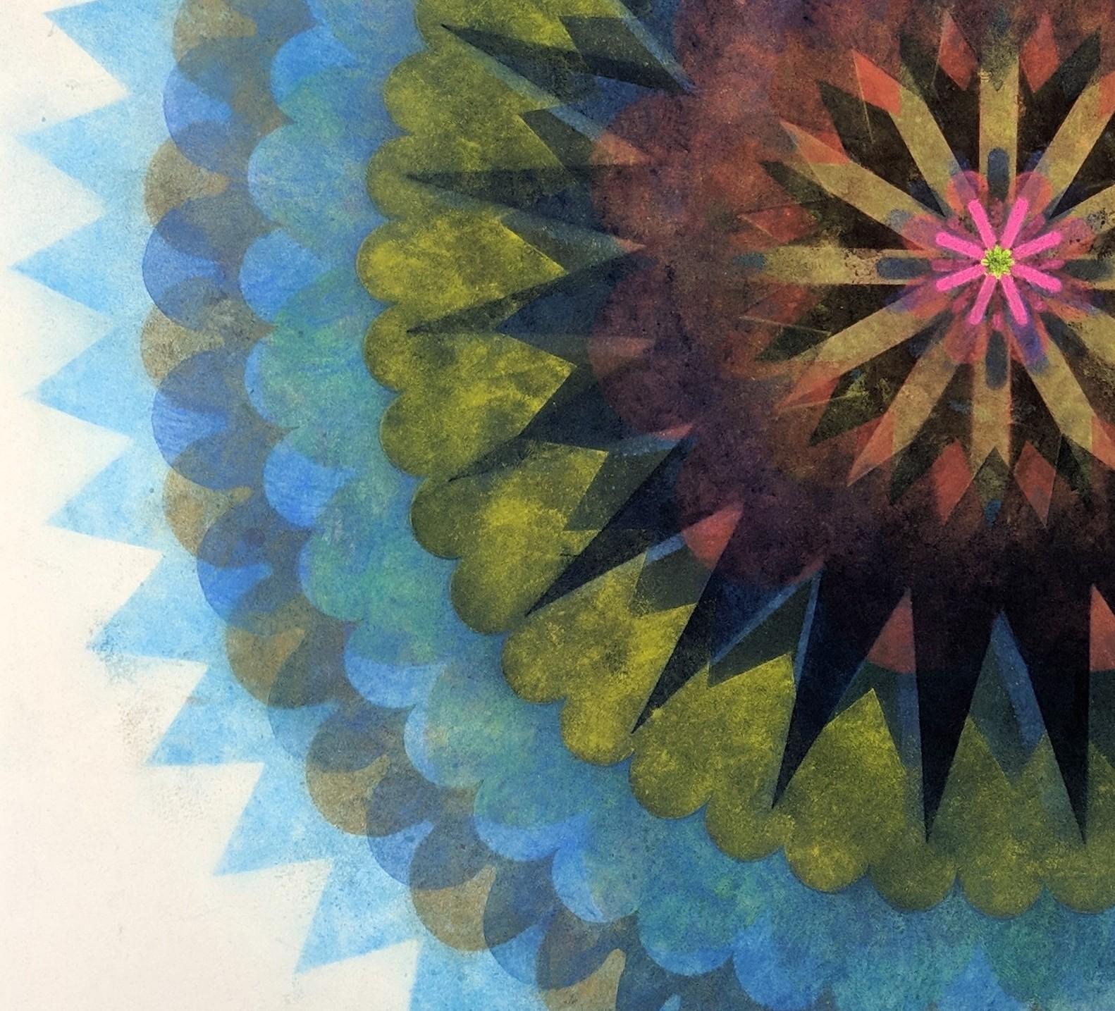 Pop Flower 61, Mandala in Bright Blue, Yellow, Brown, Neon Pink, Orange - Gray Abstract Drawing by Mary Judge