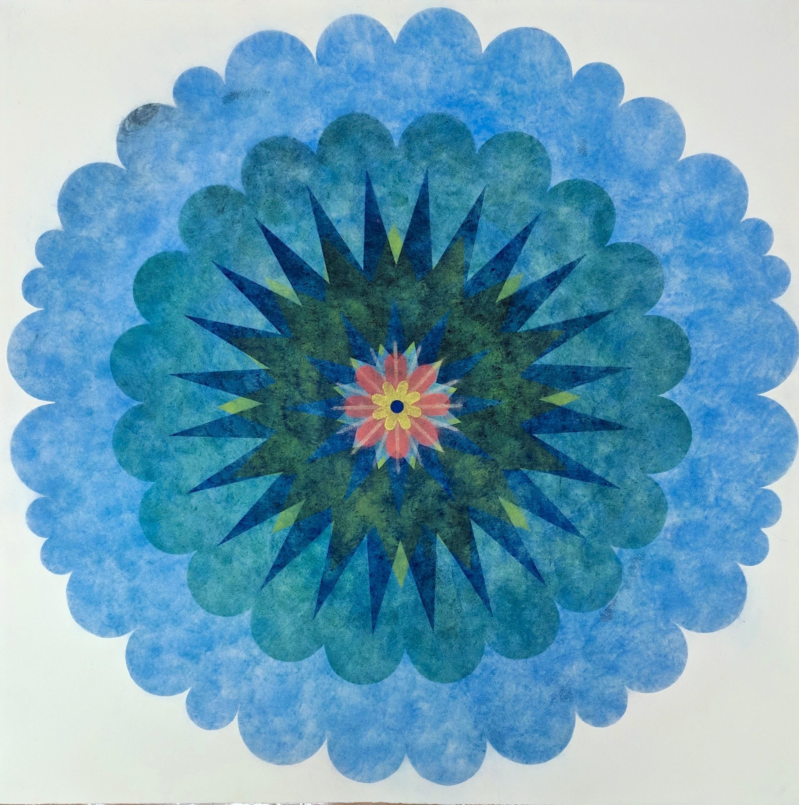 Mary Judge Abstract Drawing - Pop Flower 74, Mandala in Teal Blue with Light Green, Salmon, Cobalt Blue