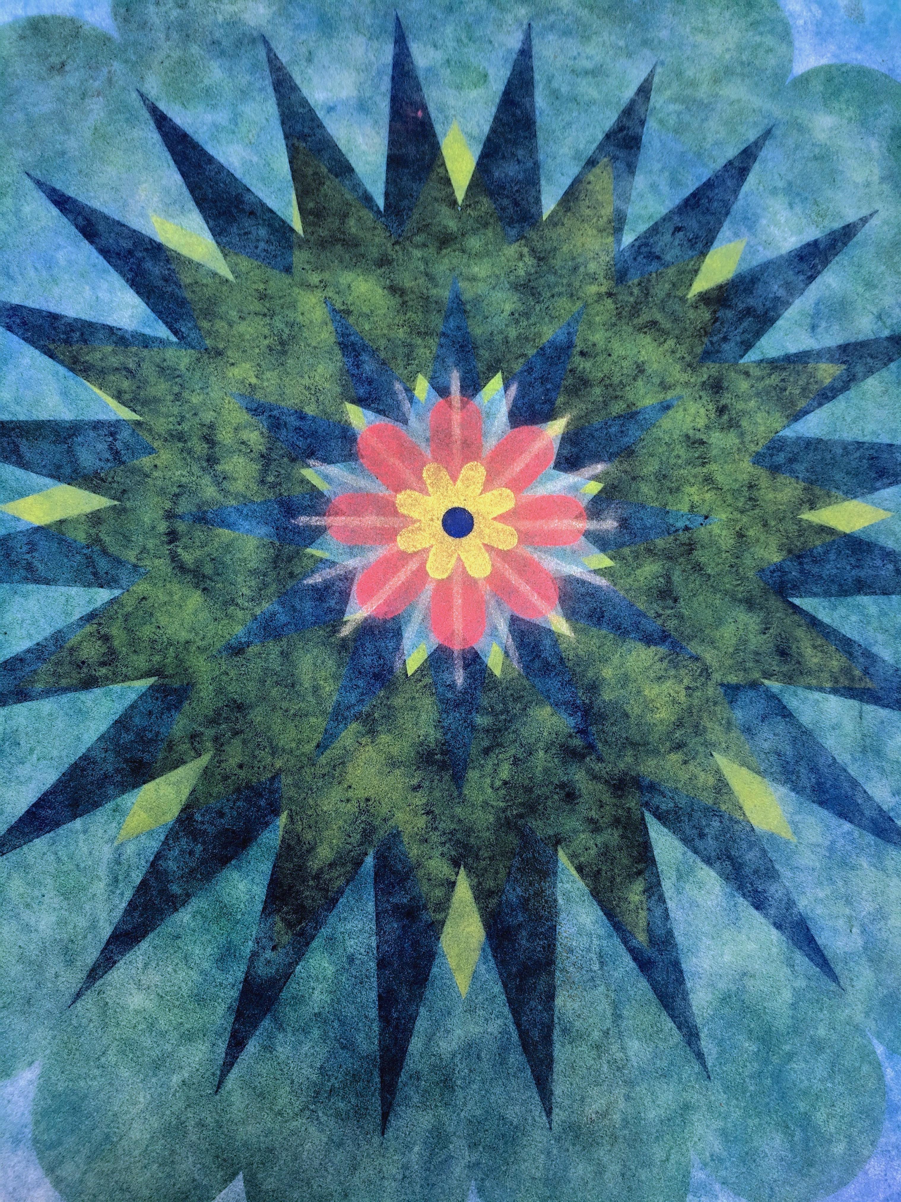 Pop Flower 74, Mandala in Teal Blue with Light Green, Salmon, Cobalt Blue - Art by Mary Judge