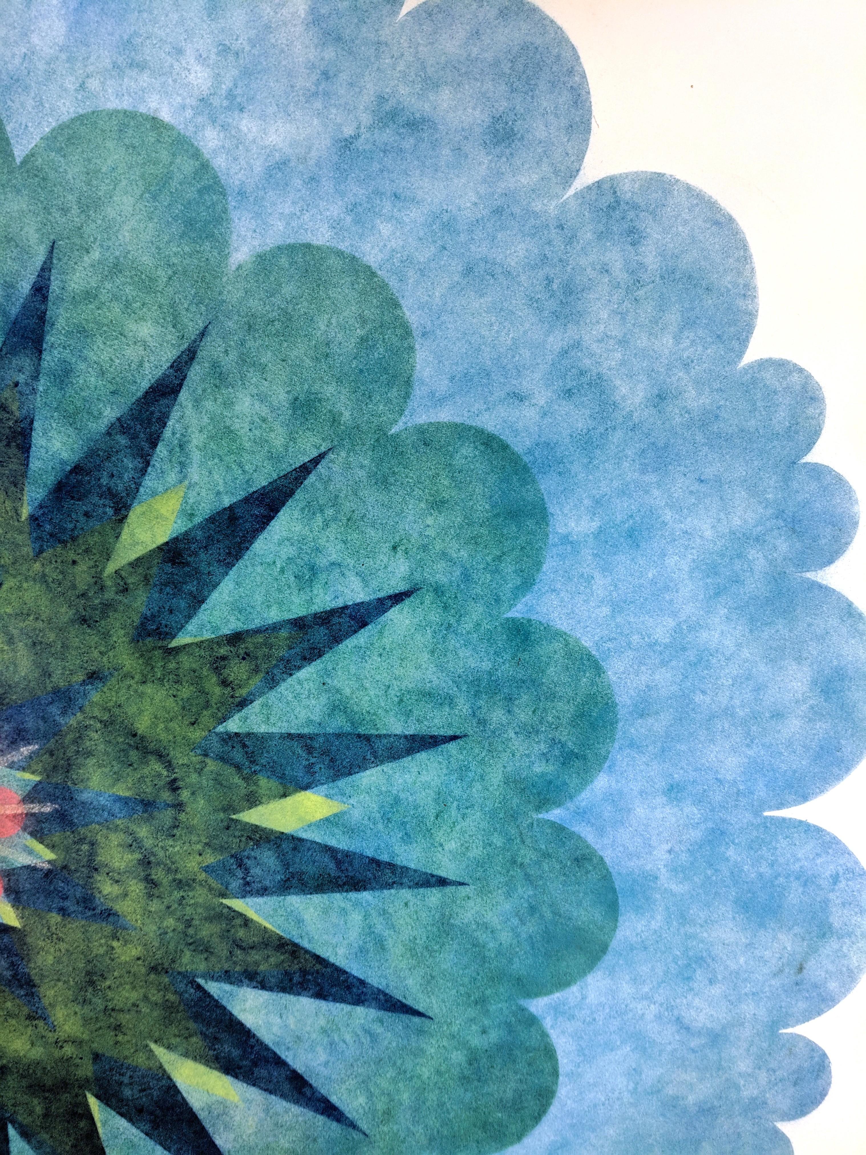 Pop Flower 74, Mandala in Teal Blue with Light Green, Salmon, Cobalt Blue - Contemporary Art by Mary Judge