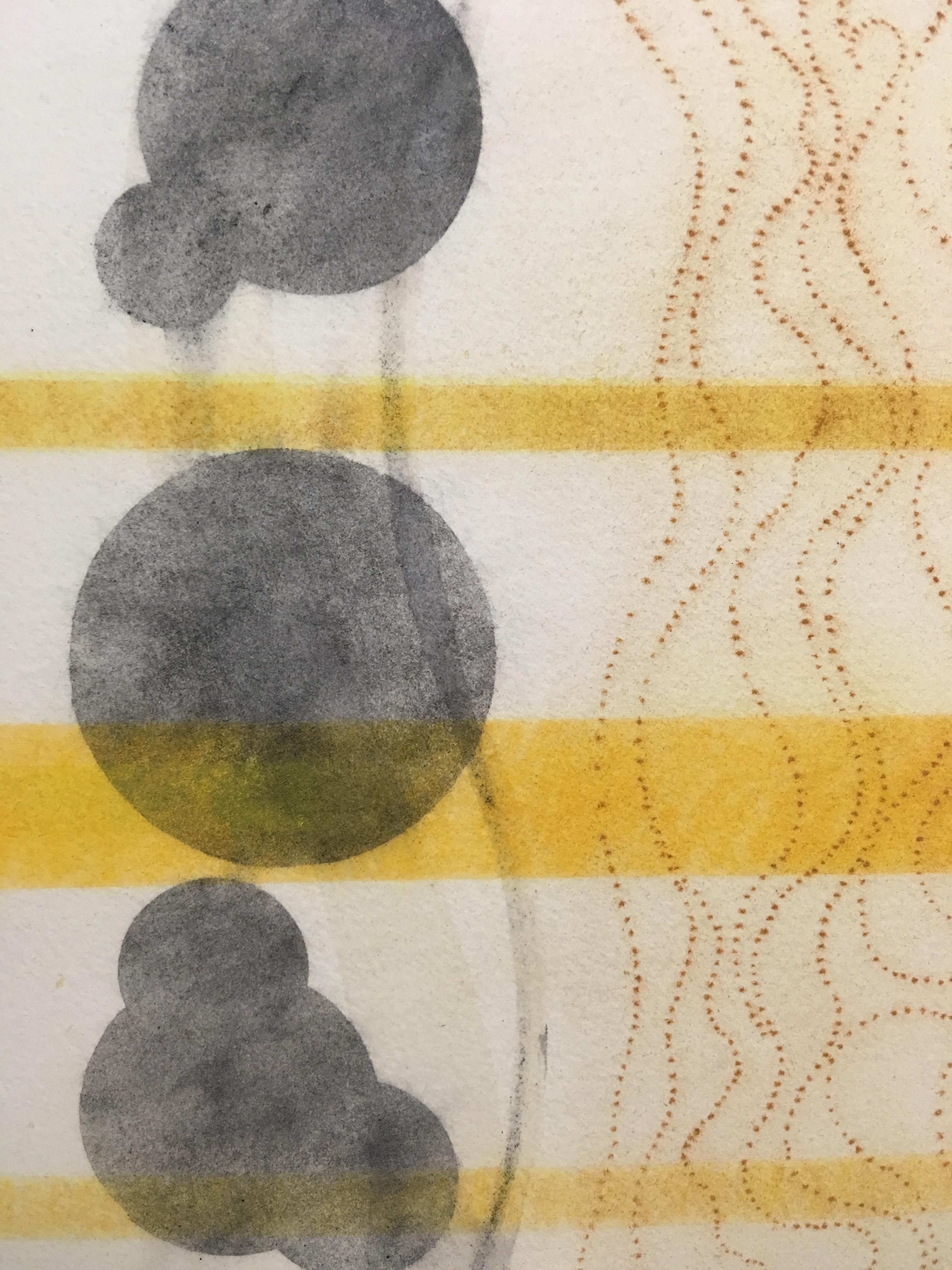 River And Steel Series One, Geometric Drawing with Blue Circles and Yellow Lines - Beige Abstract Drawing by Mary Judge