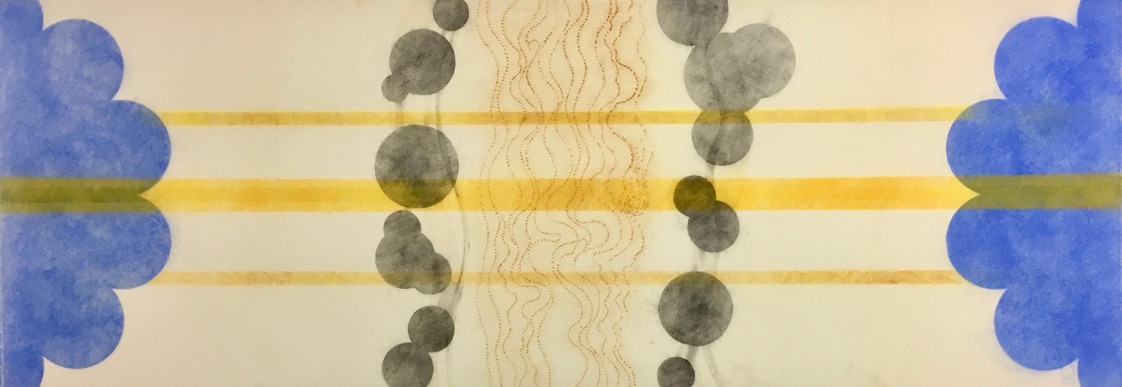 Mary Judge Abstract Drawing - River And Steel Series One, Geometric Drawing with Blue Circles and Yellow Lines