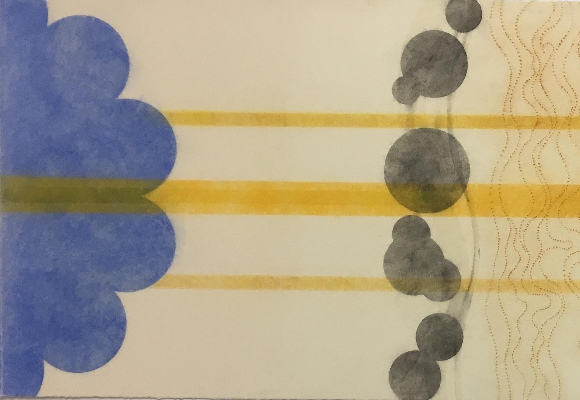 River And Steel Series One, Geometric Drawing with Blue Circles and Yellow Lines - Art by Mary Judge