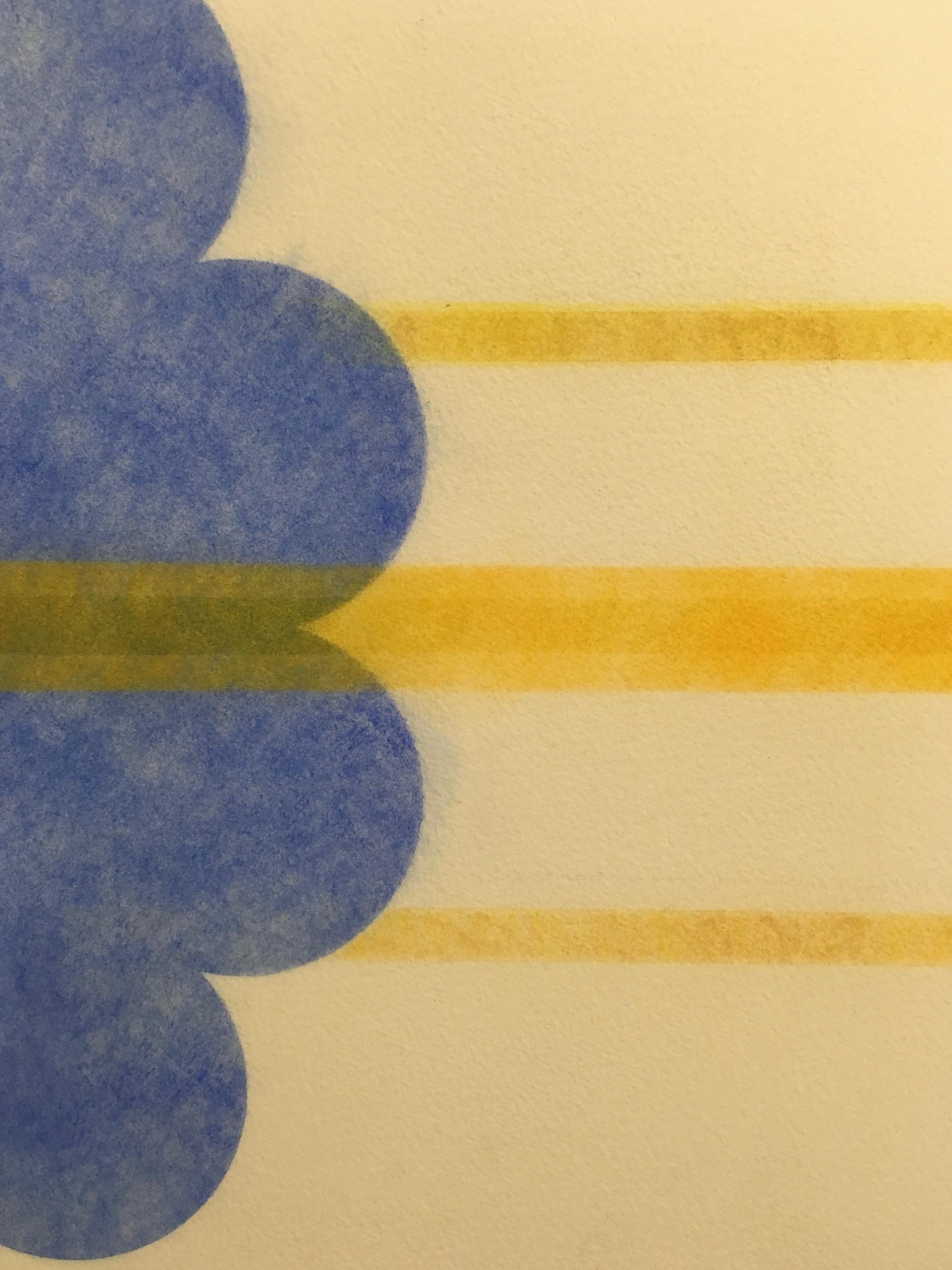 River And Steel Series One, Geometric Drawing with Blue Circles and Yellow Lines - Contemporary Art by Mary Judge
