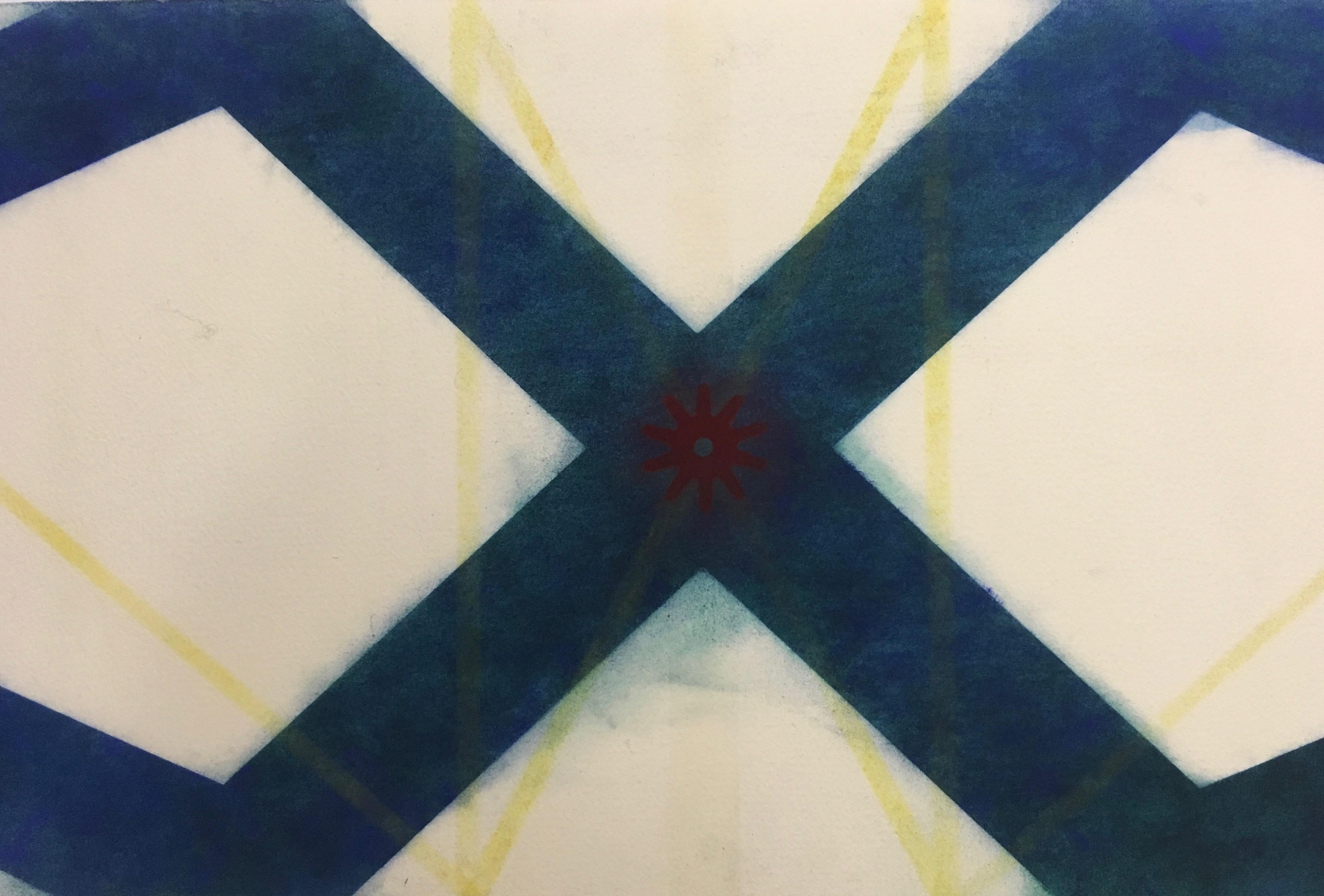 River And Steel Series Six, Geometric Drawing in Dark Blue, Yellow and Red - Art by Mary Judge