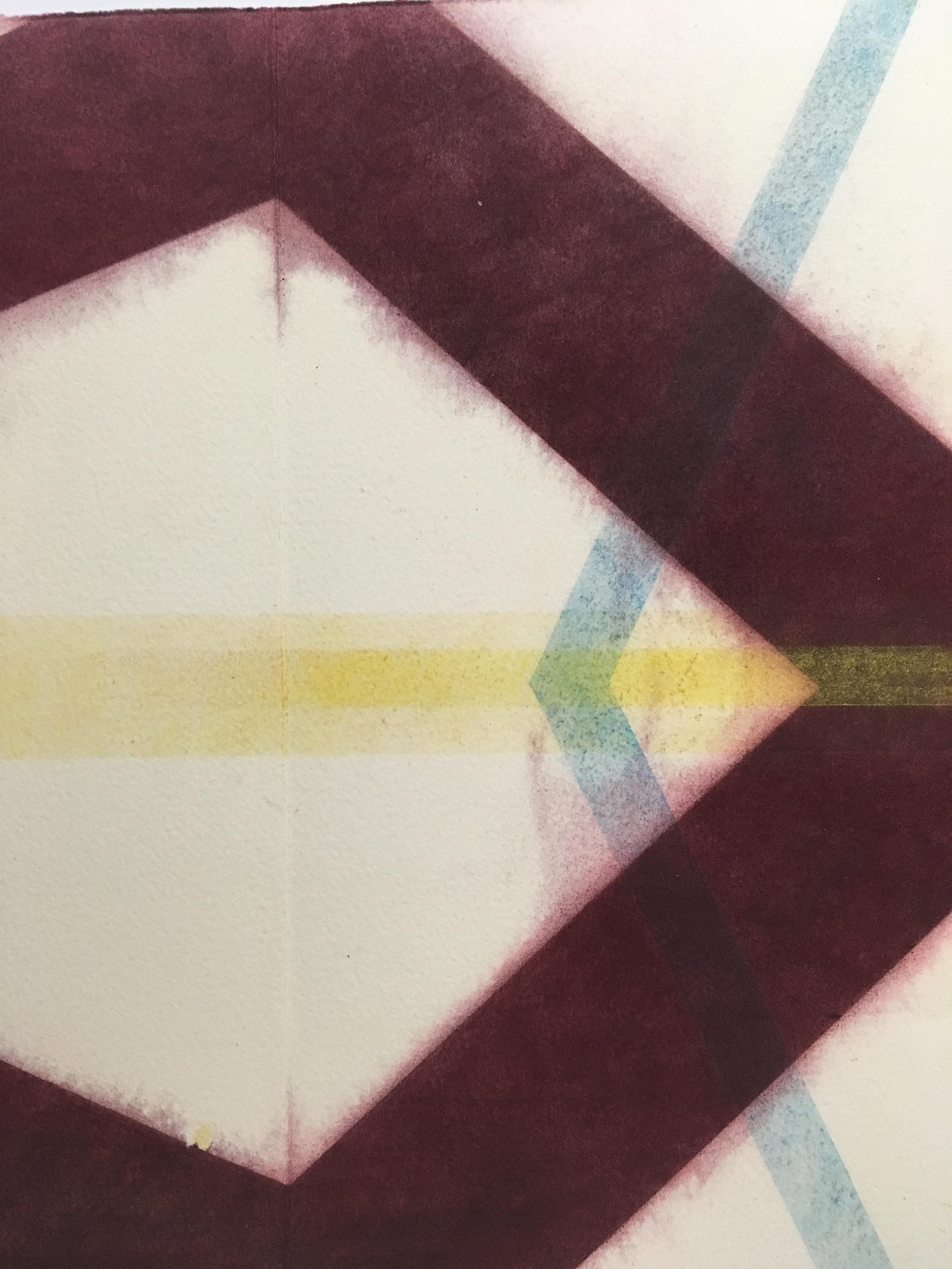 River And Steel Series Six, Geometric Drawing in Dark Red, Soft Yellow and Blue - Contemporary Art by Mary Judge