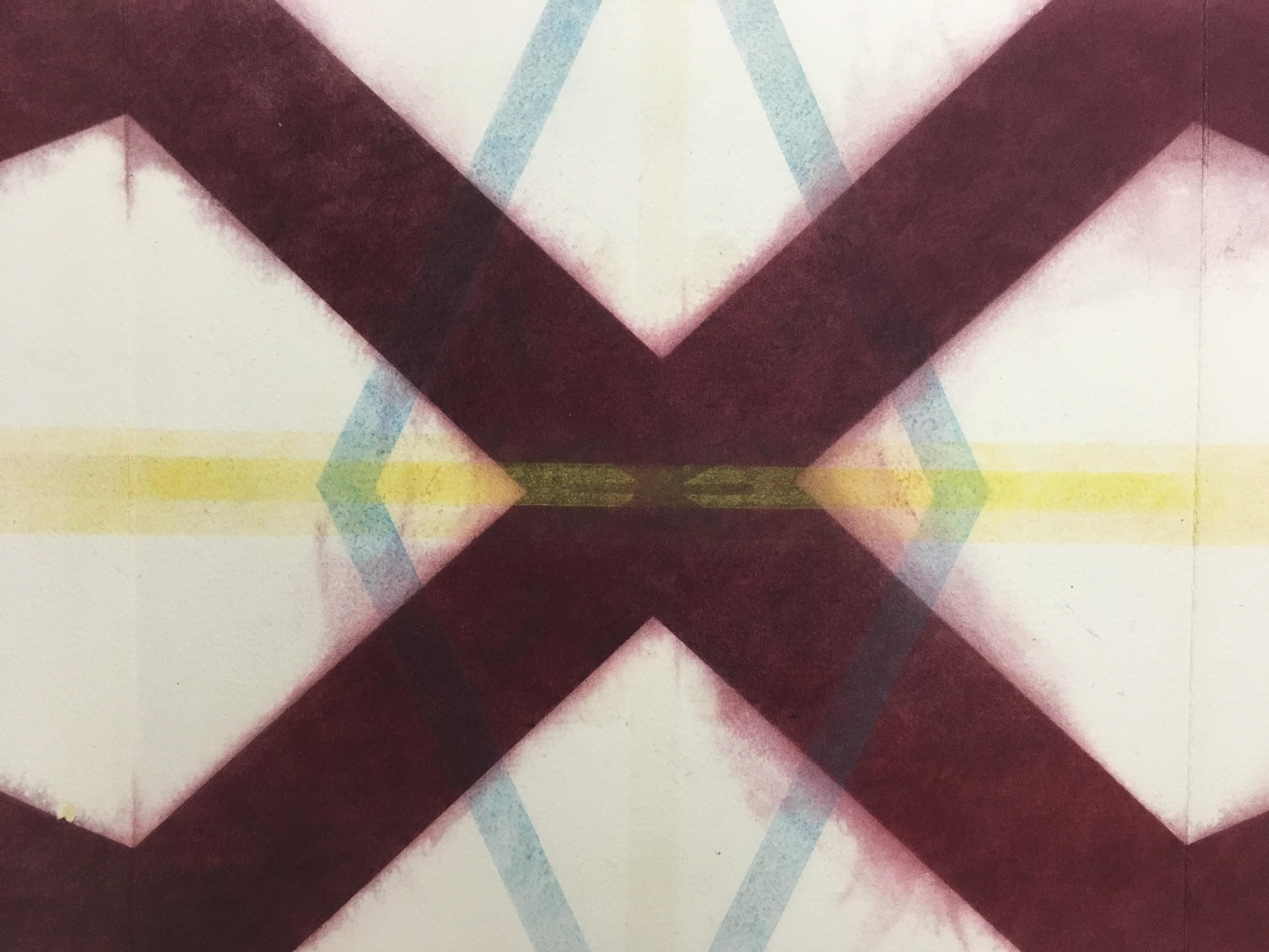 River And Steel Series Six, Geometric Drawing in Dark Red, Soft Yellow and Blue - Art by Mary Judge