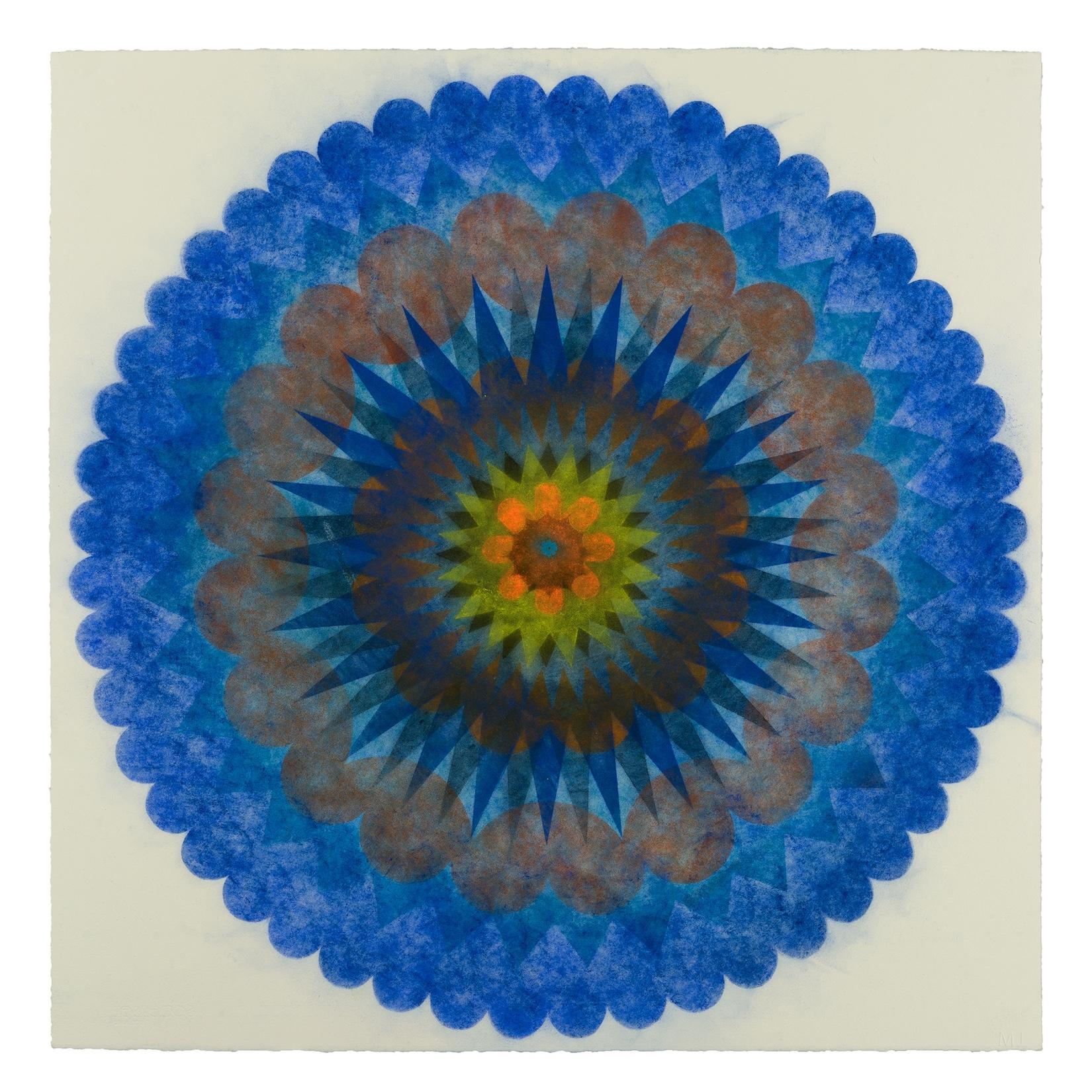 Mary Judge Abstract Drawing - Pop Flower 71b, Mandala in Cobalt Blue, Orange, Green, Brown
