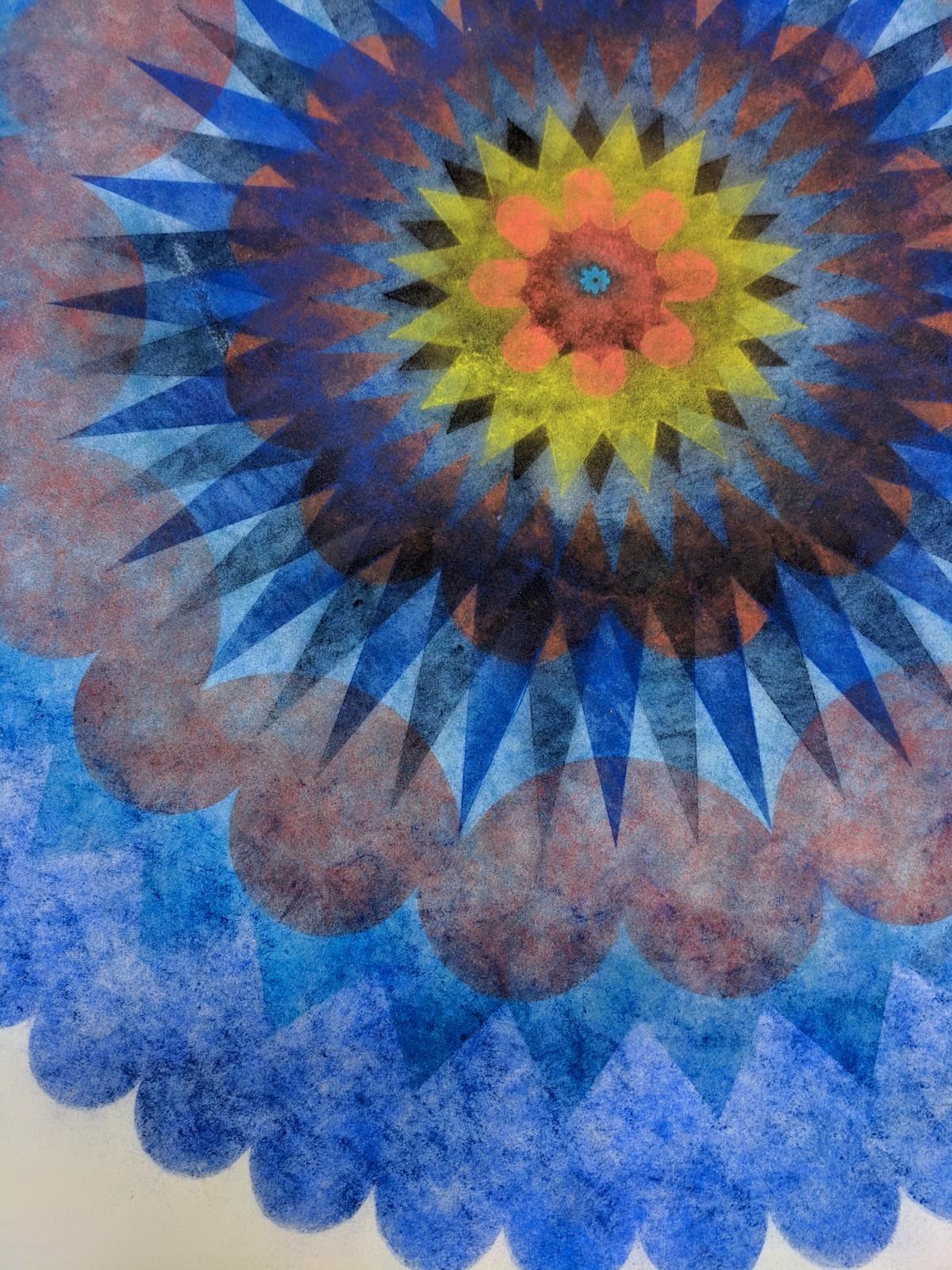 Pop Flower 71b, Mandala in Cobalt Blue, Orange, Green, Brown - Art by Mary Judge