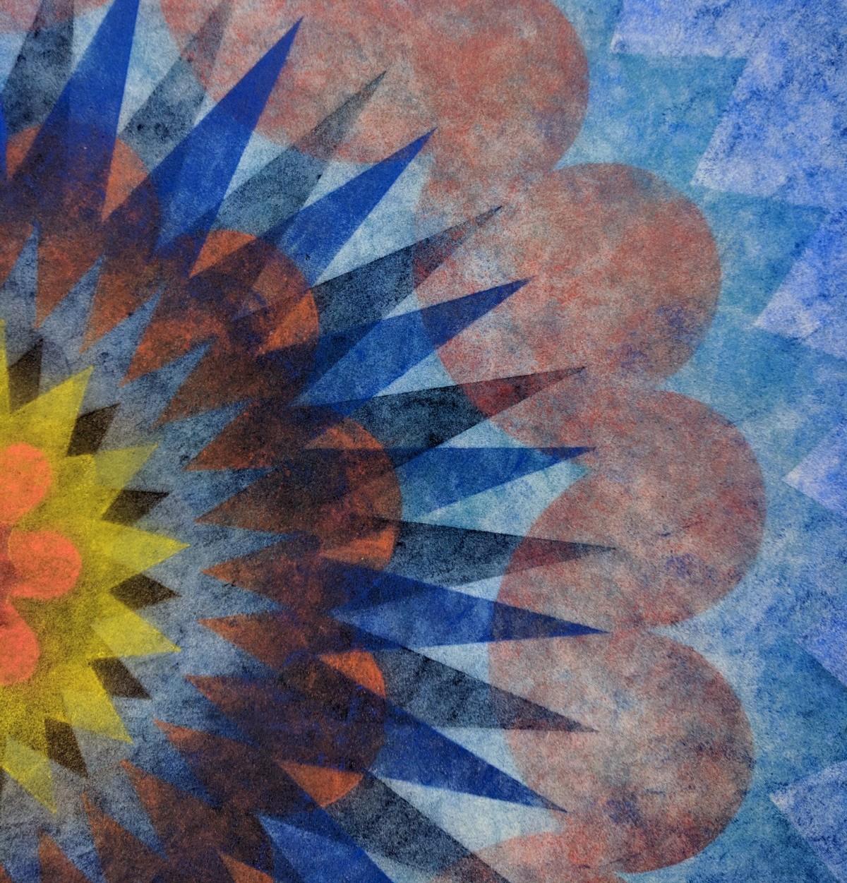 This multicolored drawing has a beautiful, soft mottled texture created with Judge's unique powered pigment technique. Pop Flower 71b is a predominately bright cobalt blue mandala shape with an orange and green center creating an intricately layered