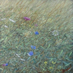 Experience, Small Square Landscape with Purple and Blue Flowers in Green Field
