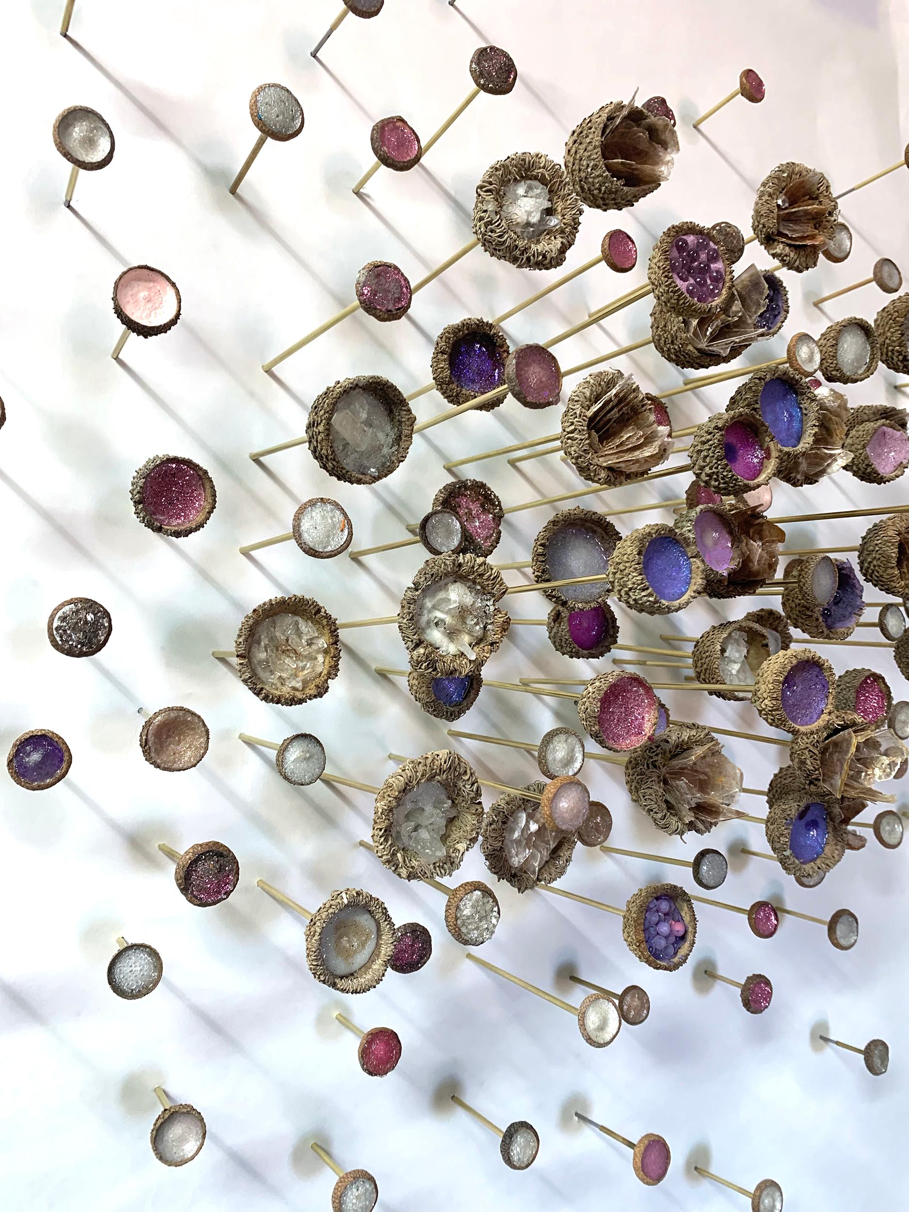 Julietta, Pink, Purple Mixed Media Wall Mounted Sculpture with Crystals, Acorns - Gray Abstract Sculpture by Julie Maren