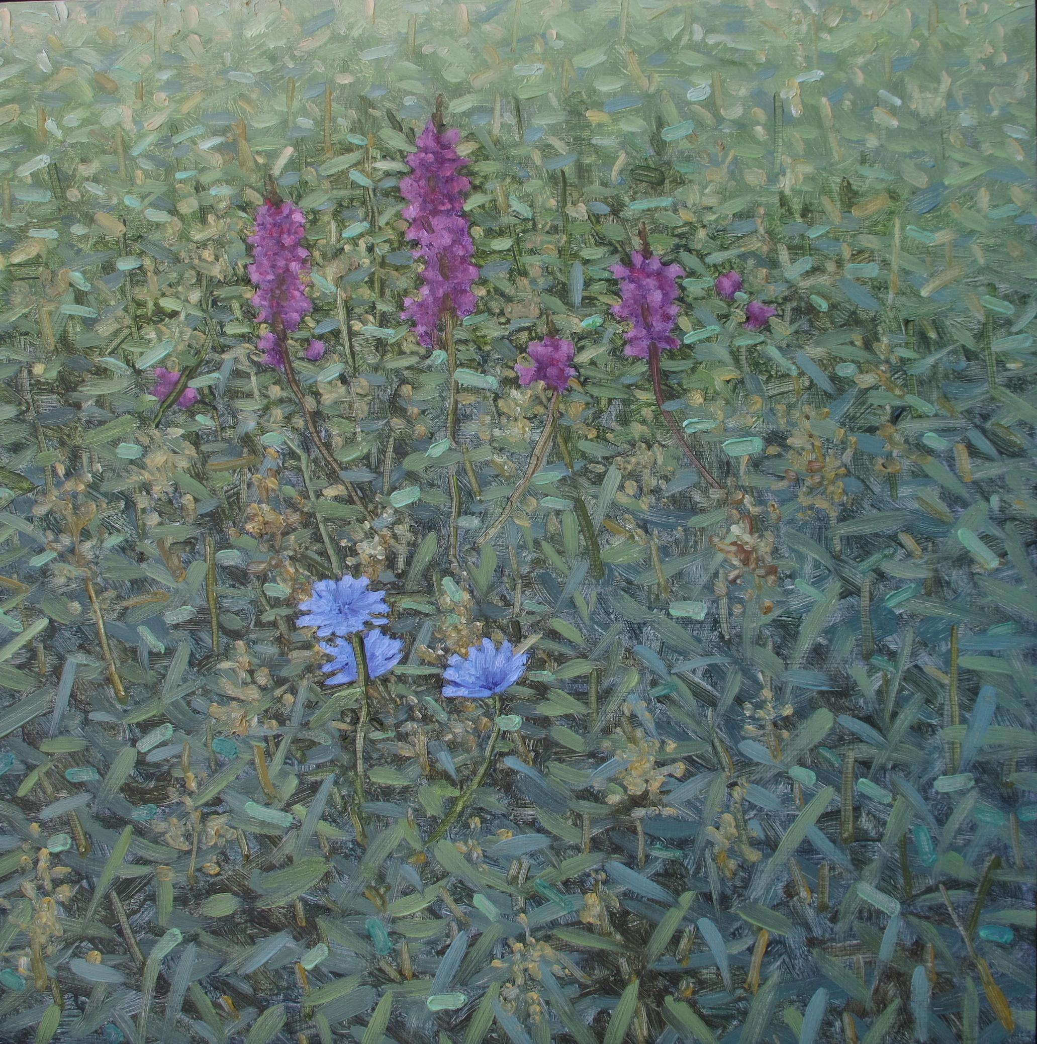 Thomas Sarrantonio Landscape Painting - Performance, Square Botanical Landscape, Purple and Blue Flowers in Green Field