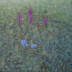 Performance, Square Botanical Landscape, Purple and Blue Flowers in Green Field