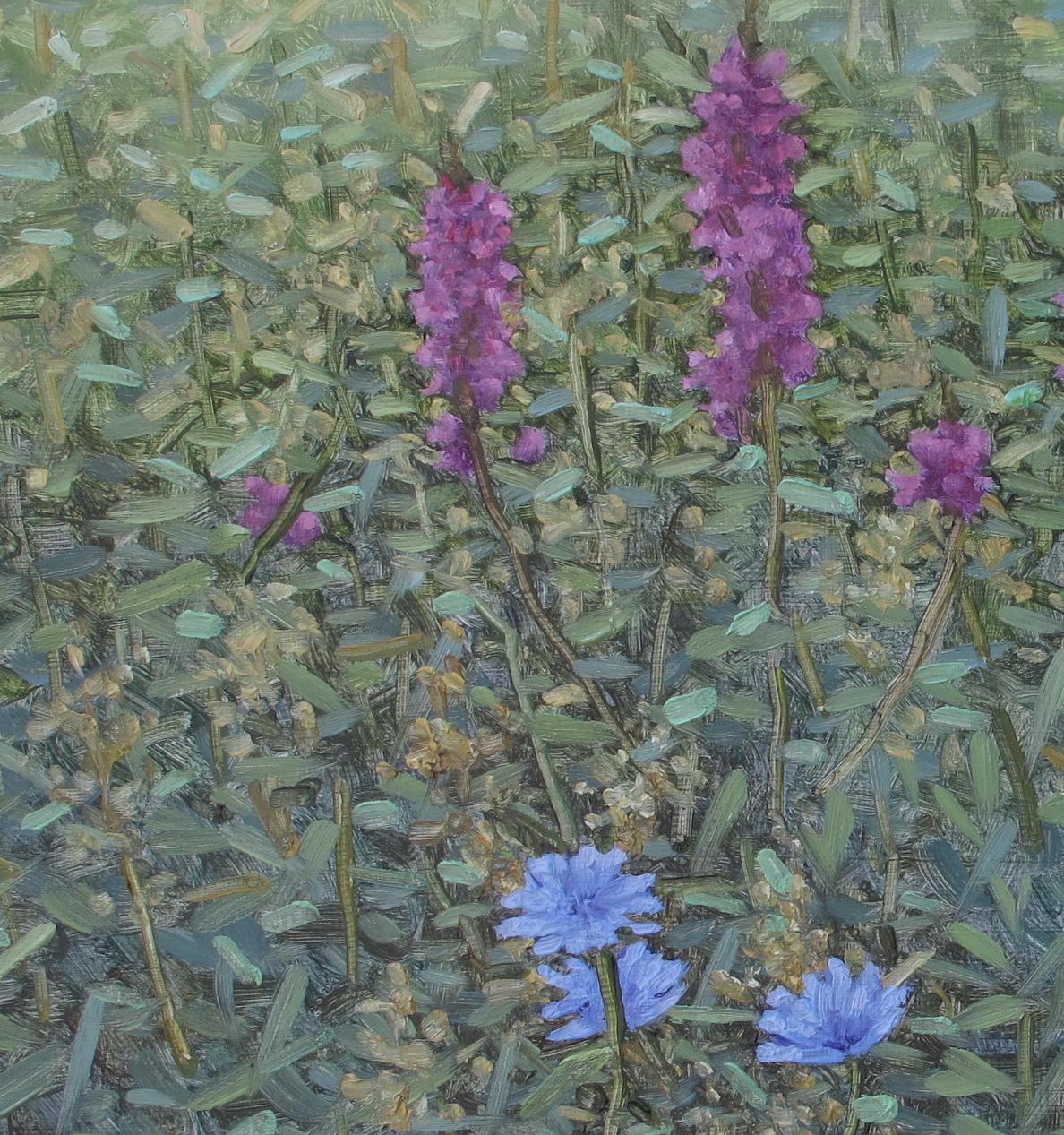 Performance, Square Botanical Landscape, Purple and Blue Flowers in Green Field - Gray Landscape Painting by Thomas Sarrantonio