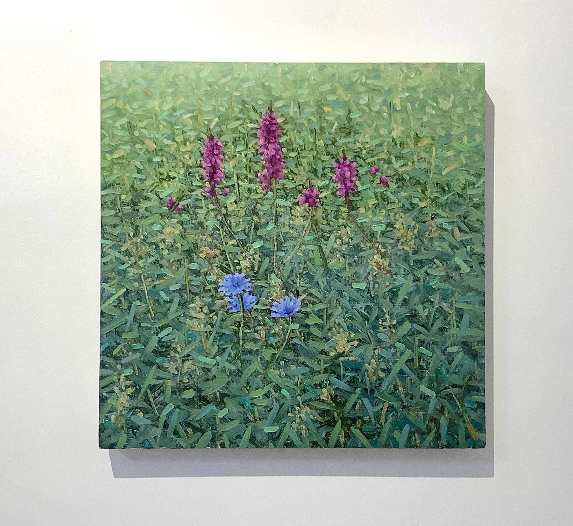 Performance, Square Botanical Landscape, Purple and Blue Flowers in Green Field - Painting by Thomas Sarrantonio