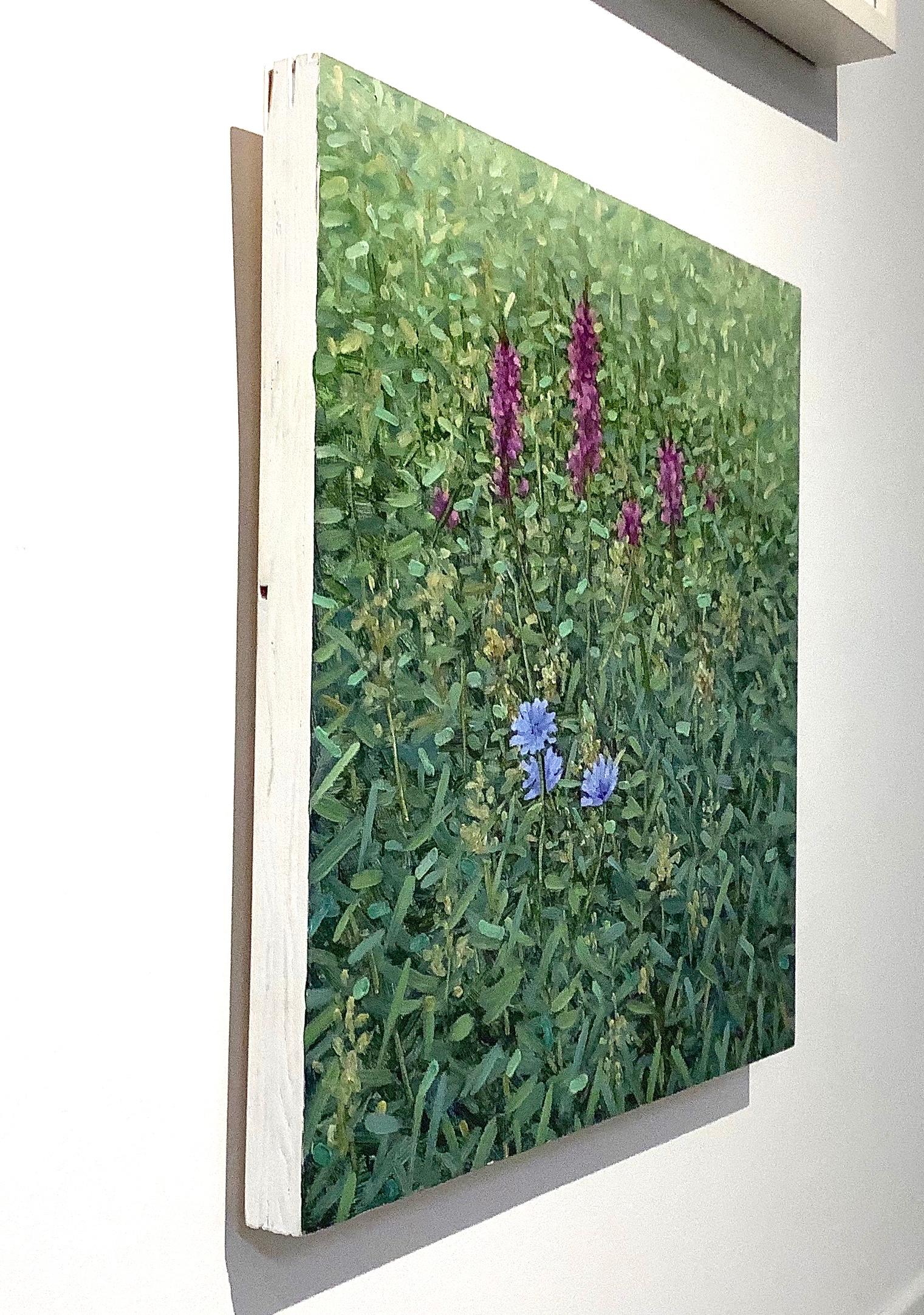 Performance, Square Botanical Landscape, Purple and Blue Flowers in Green Field - Contemporary Painting by Thomas Sarrantonio