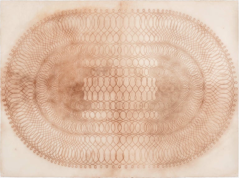 Mary Judge Abstract Drawing - Spiral Form Eight, Geometric Spirograph Drawing in Reddish Brown on Cream Paper