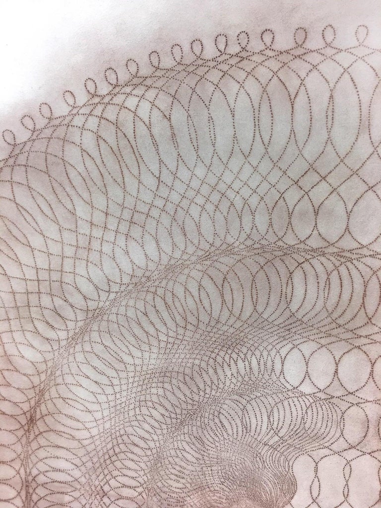 This geometric drawing has a beautiful, soft mottled texture created with Judge's unique powered pigment technique. The ordered symmetry of the spirograph drawing in reddish brown is powerful and elegant on the creamy off-white paper. Price shown is