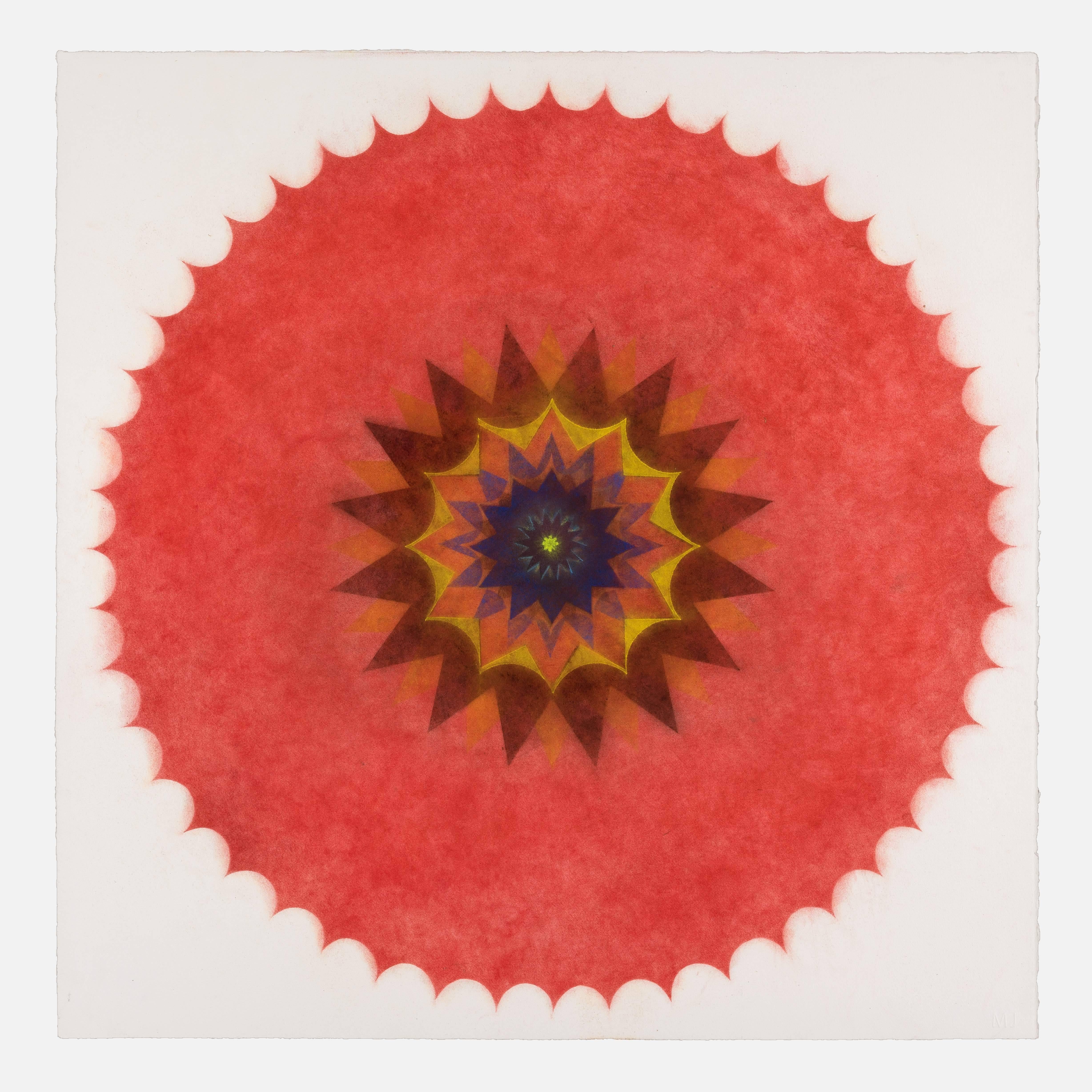 Mary Judge Abstract Drawing - Pop Flower 47, Mandala in Red, Yellow, Brown, Dark Cobalt Blue