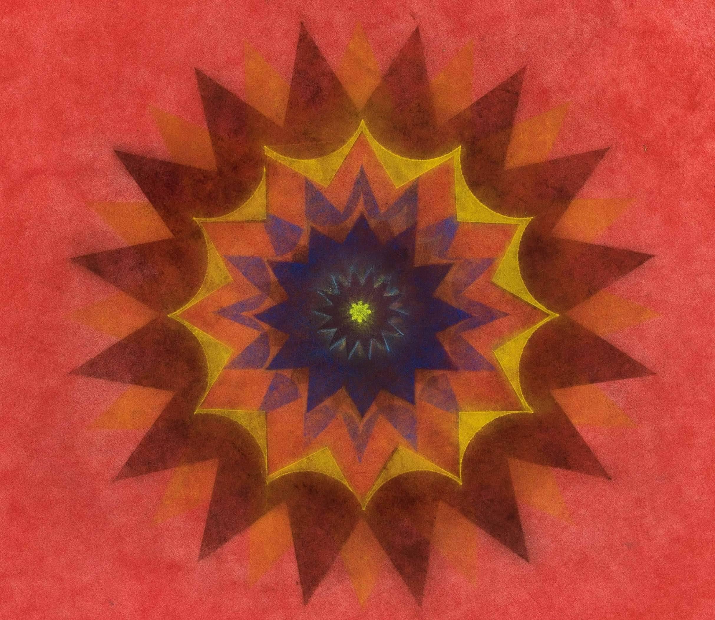 Pop Flower 47, Mandala in Red, Yellow, Brown, Dark Cobalt Blue 1