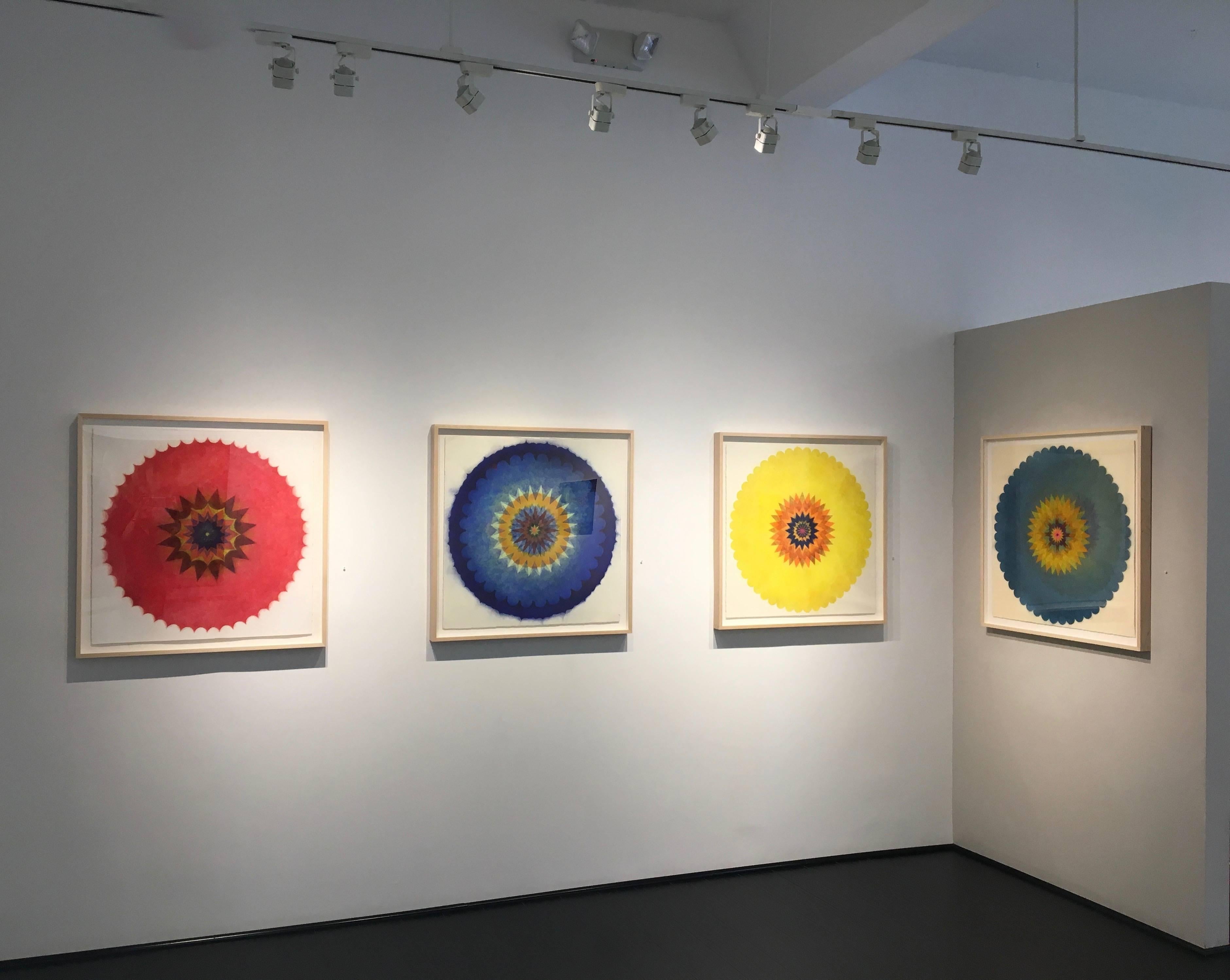 Pop Flower 47, Mandala in Red, Yellow, Brown, Dark Cobalt Blue - Contemporary Art by Mary Judge