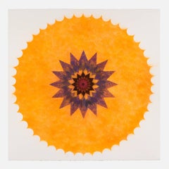 Pop Flower 46, Bright Orange Mandala, Green, Maroon, Dark Burgundy, Blue Center