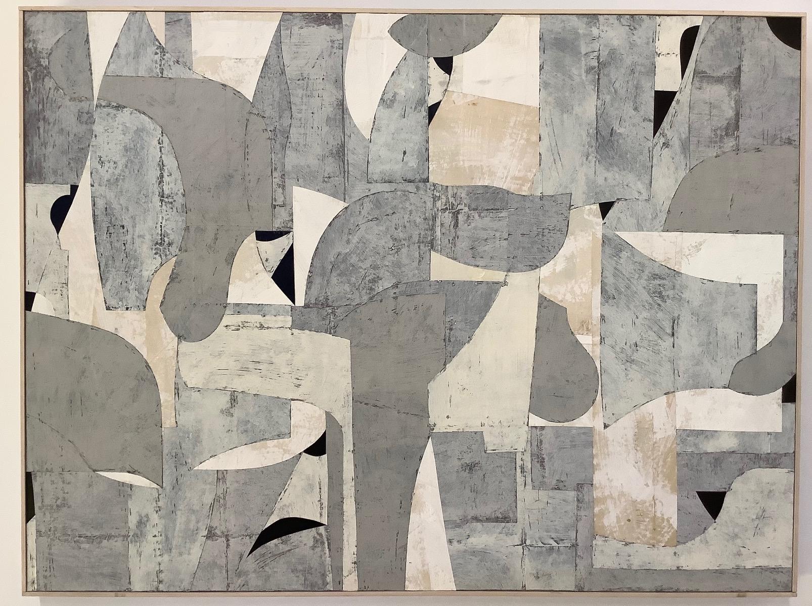 Daniel Anselmi Abstract Painting - Untitled 3-12, Abstract Painted Paper Collage on Panel in Cream, Beige, Gray