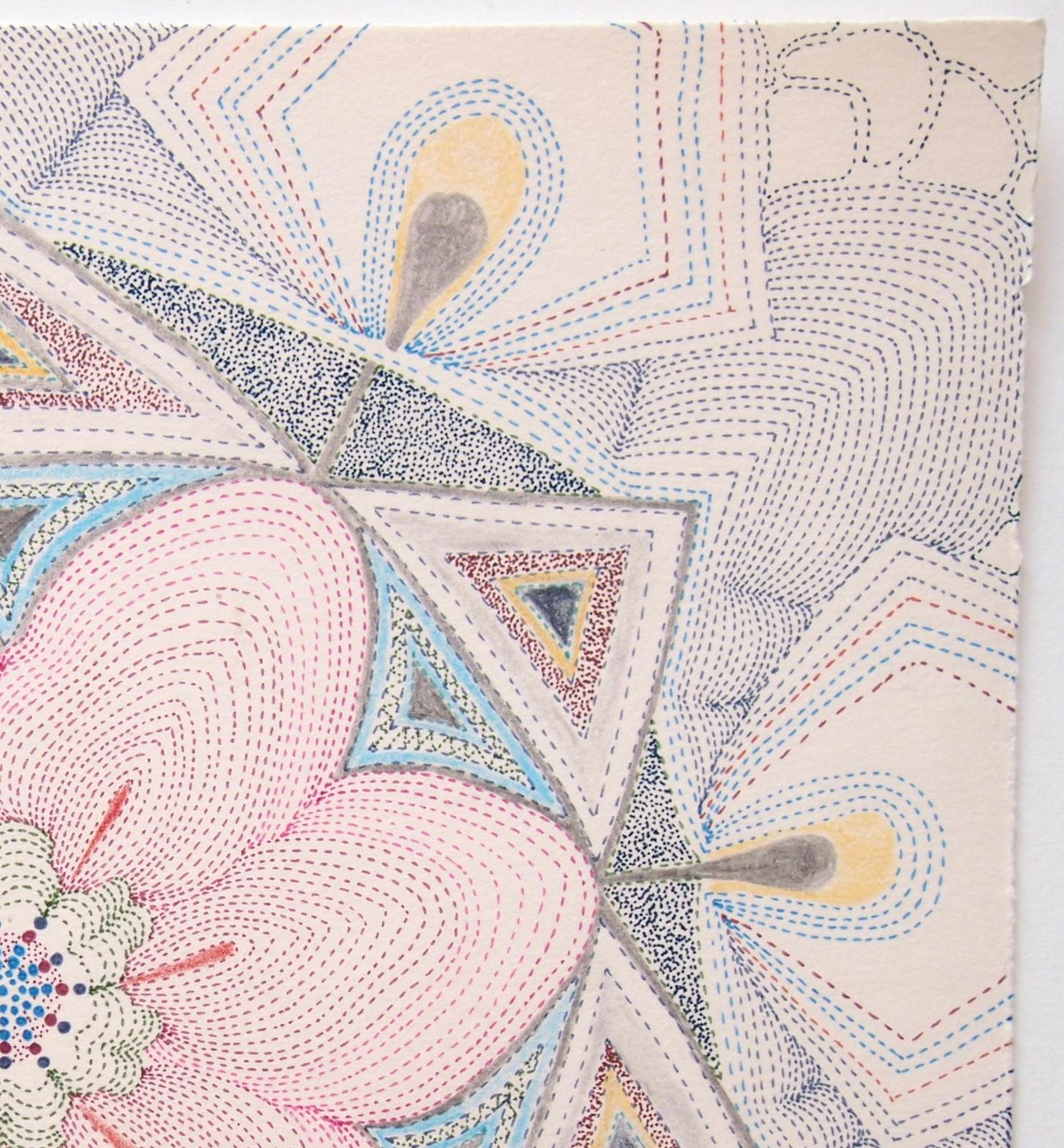 Pink Earth Tonguled, Detailed Square Drawing in Blue, Green, Maroon, Yellow - Beige Abstract Drawing by Sarah Morejohn