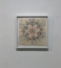 Pink Earth Tonguled, Detailed Square Drawing in Blue, Green, Maroon, Yellow