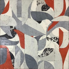 Untitled 12-14, Abstract Painted Paper Collage on Panel in Red, Gray, and Black