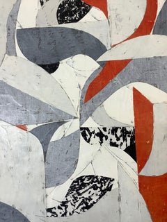 Untitled 12-14, Abstract Painted Paper Collage on Panel in Red, Gray, and Black