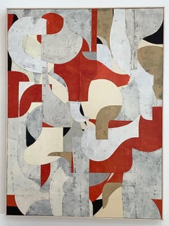 Untitled 2-15, Abstract Painted Paper Collage on Panel in Red, Cream and Beige