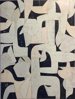 Untitled 8-4, Abstract Painted Paper Collage on Panel in Cream, Ivory, Black