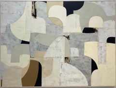 Untitled 1-28, Abstract Painted Paper Collage on Panel in Cream, Ivory, Black