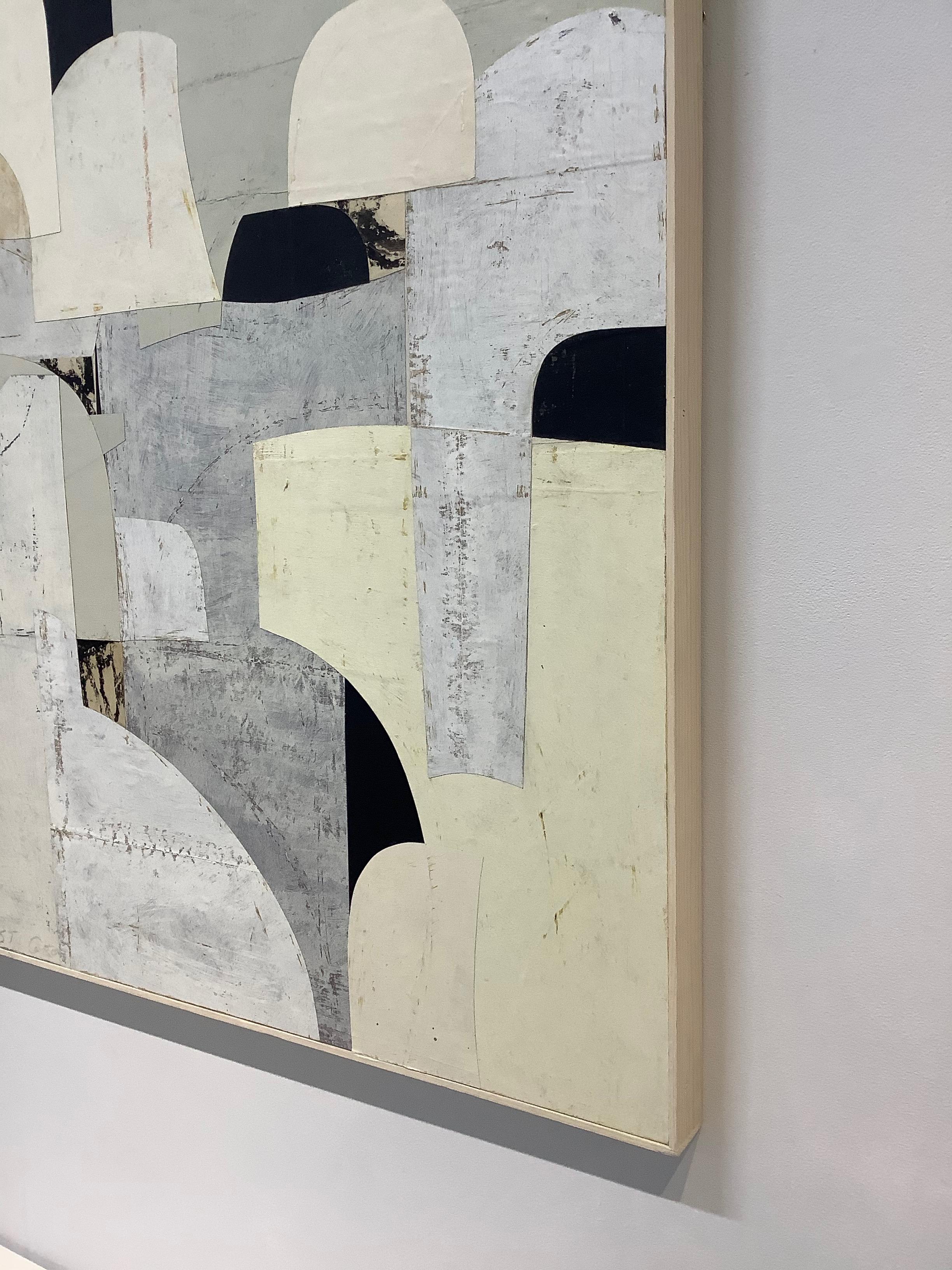 Untitled 1-28, Abstract Painted Paper Collage on Panel in Cream, Ivory, Black 3