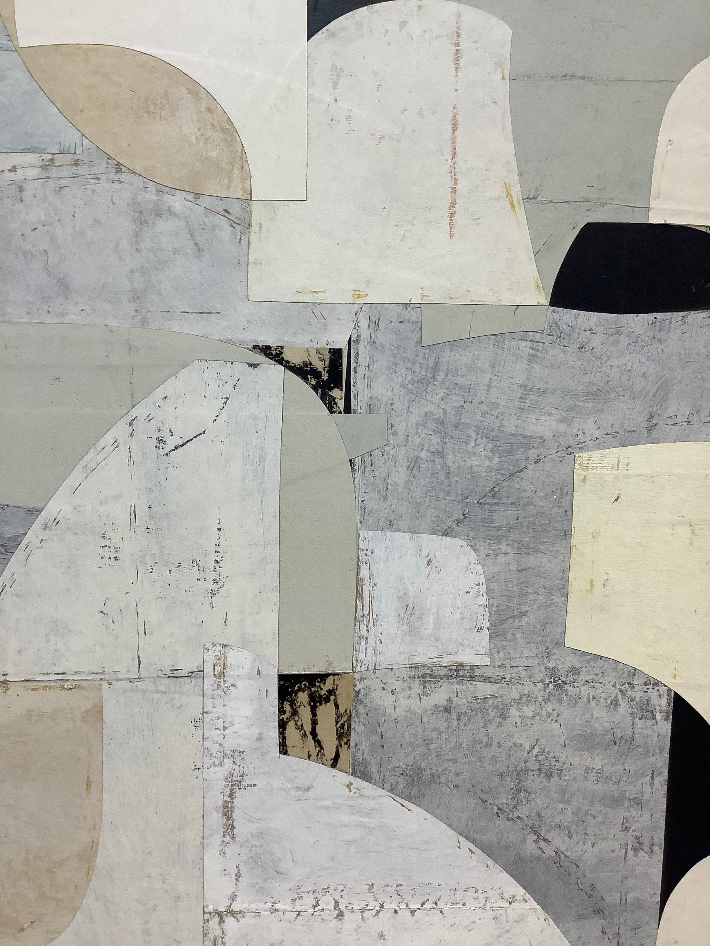 Untitled 1-28, Abstract Painted Paper Collage on Panel in Cream, Ivory, Black 1