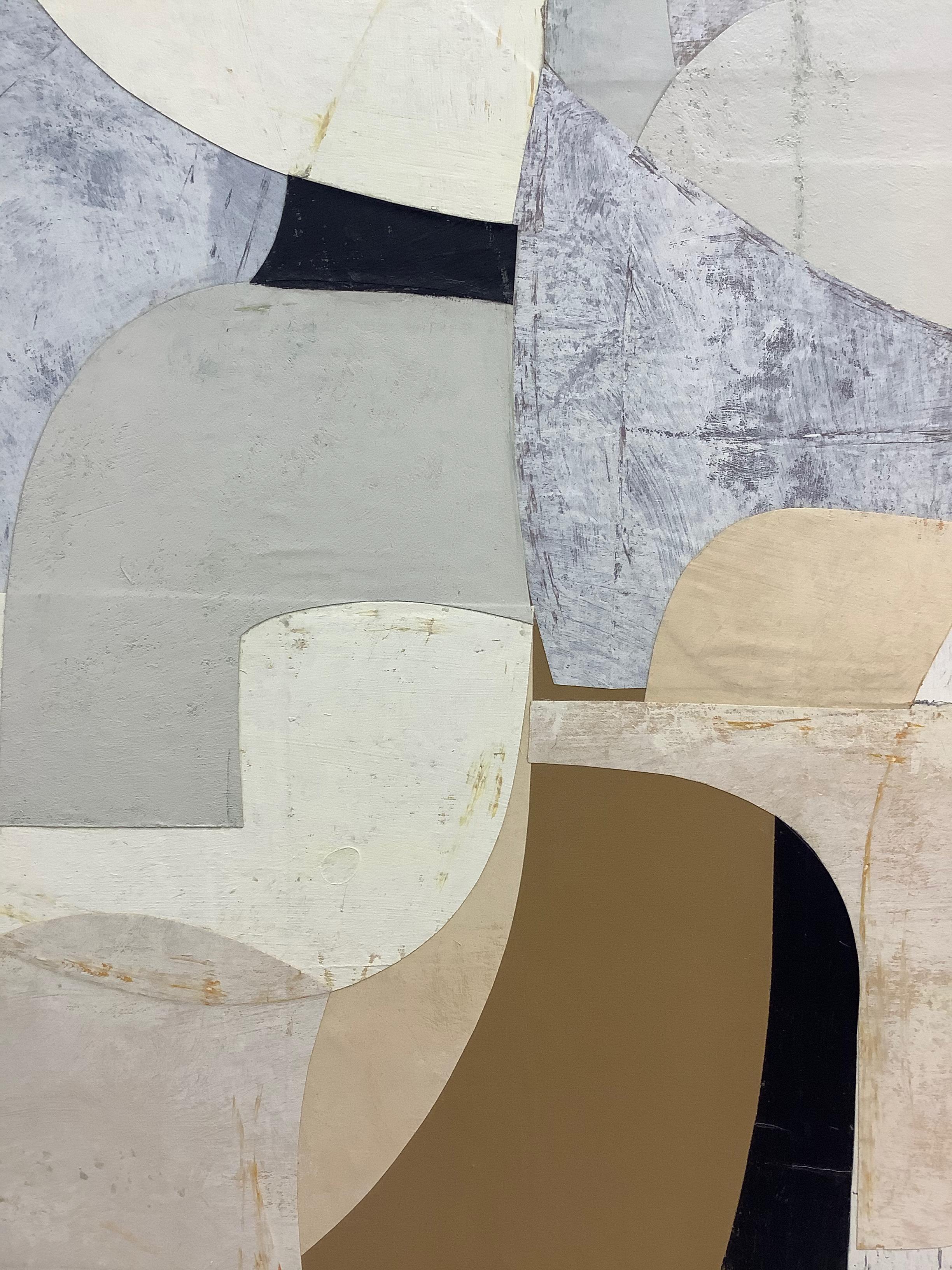 Untitled 1-28, Abstract Painted Paper Collage on Panel in Cream, Ivory, Black 2