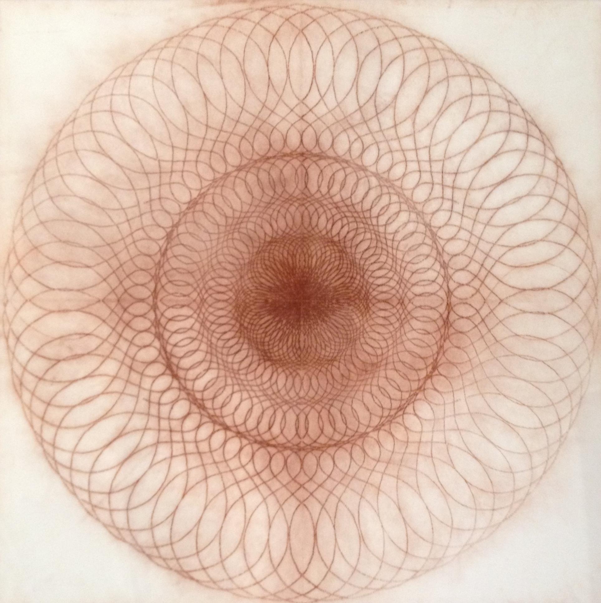 A 102, Reddish Brown Circular Mandala Line Drawing on Square Cream Paper