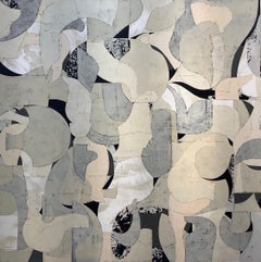 Untitled 2-2, Square Abstract Painted Paper Collage on Panel, Cream, Ivory, Gray