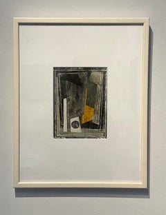 Monhegan I1, Abstract Monoprint and Collage in Orange, Gray, Beige, Black, White