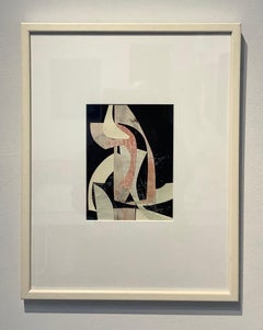 As I See It IV, Abstract Painted Paper Collage in Coral Pink, Black, Ivory White