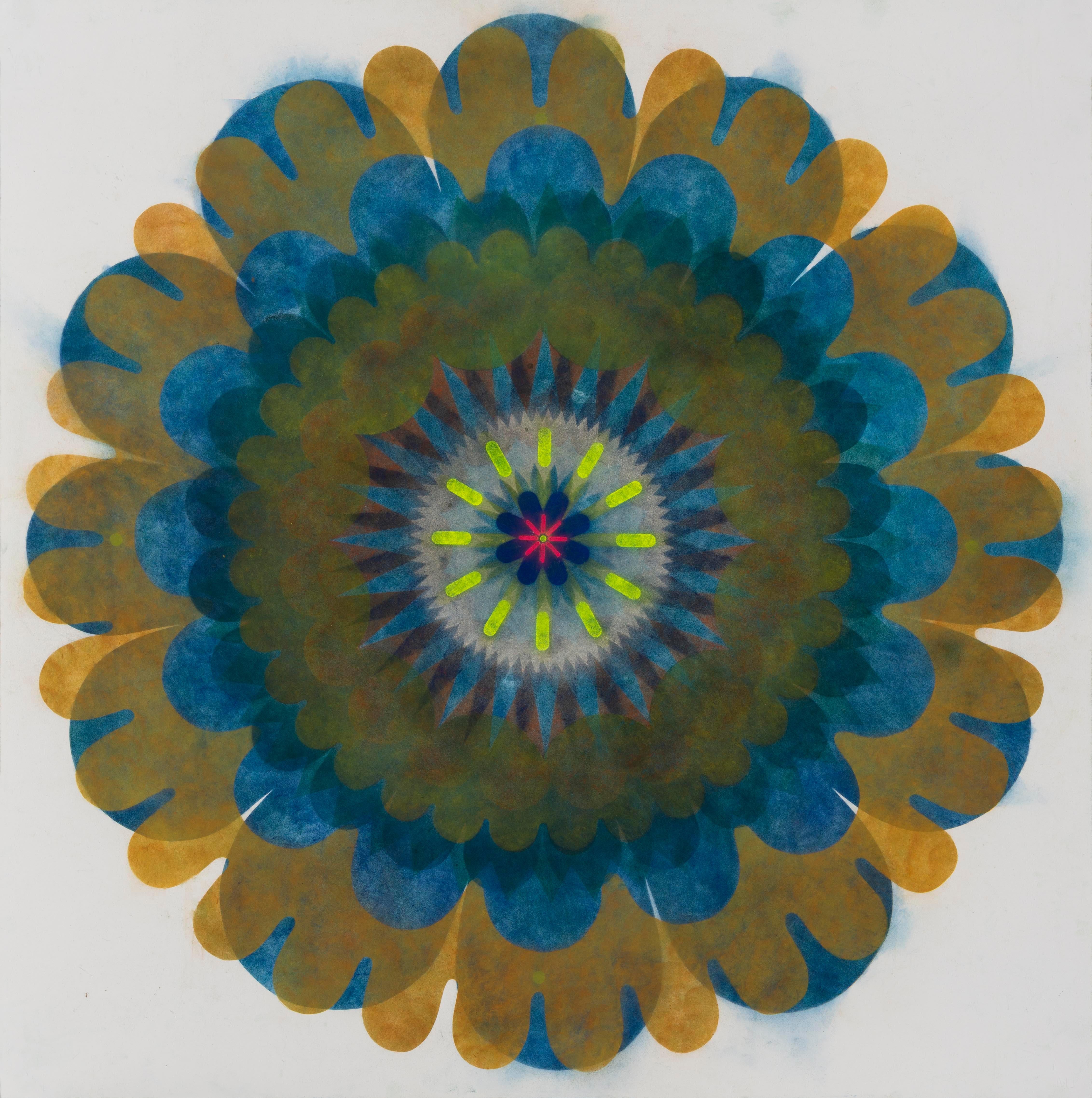 Mary Judge Abstract Drawing - Pop Flower Opus 14, Blue, Dark Orange Circle Mandala Shape, Neon Yellow, Pink