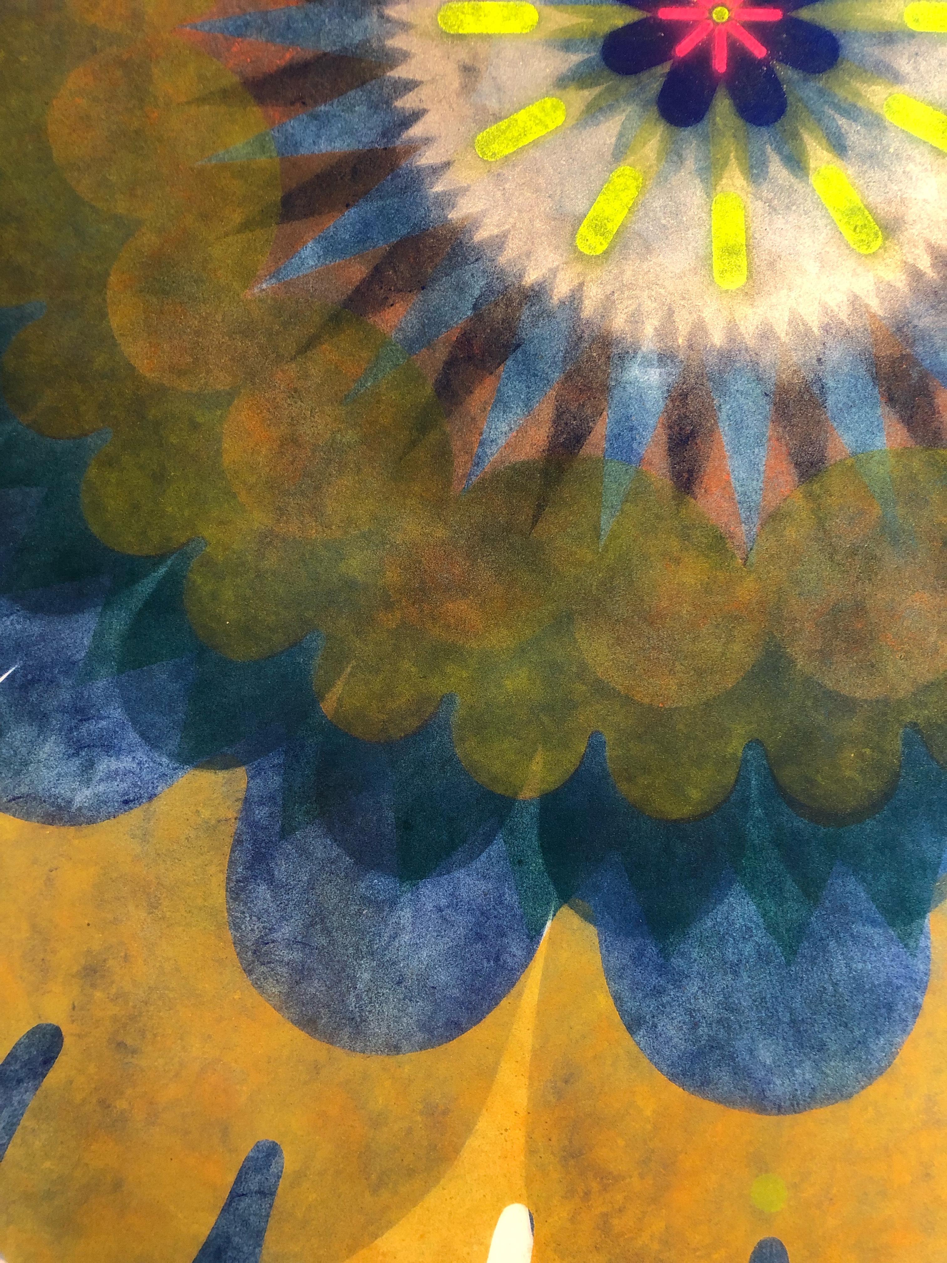 Pop Flower Opus 14, Blue, Dark Orange Circle Mandala Shape, Neon Yellow, Pink - Contemporary Art by Mary Judge