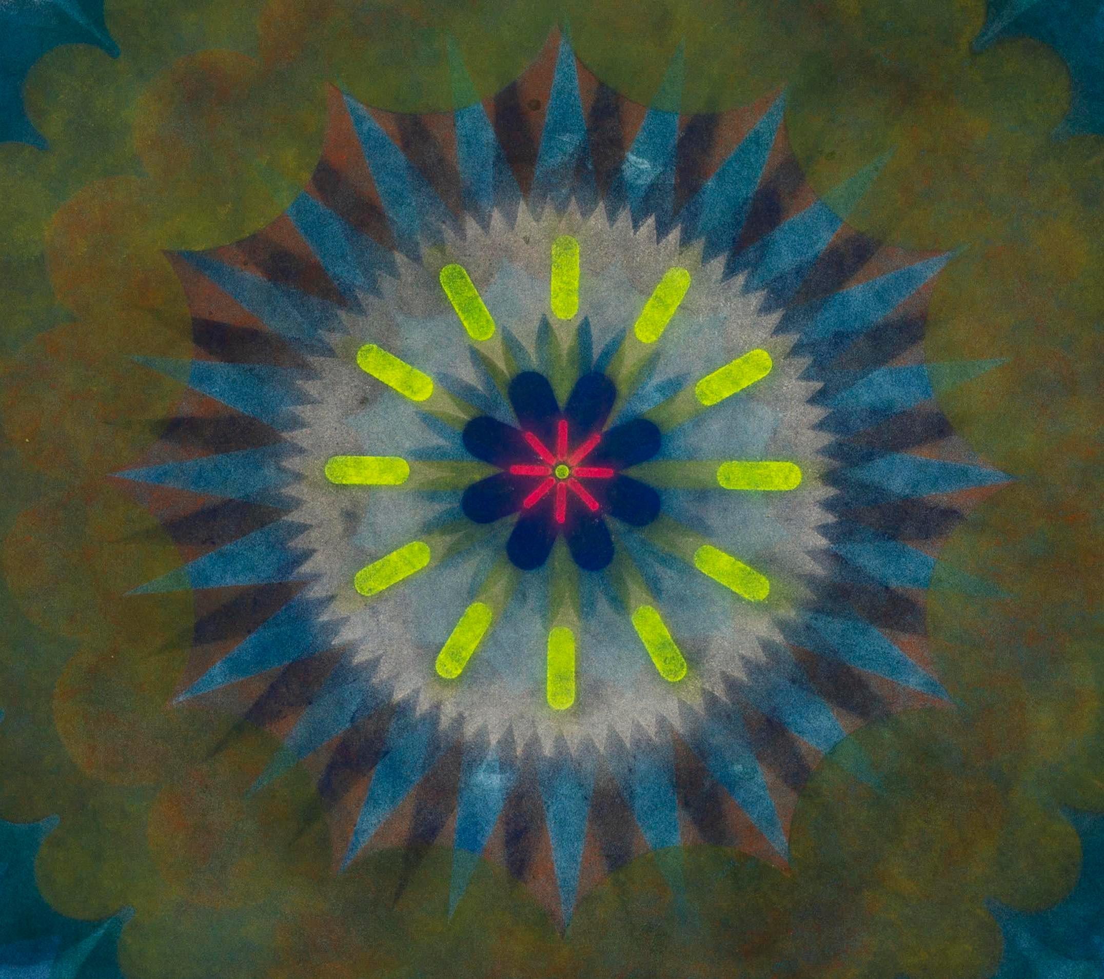 Pop Flower Opus 14, Blue, Dark Orange Circle Mandala Shape, Neon Yellow, Pink - Black Abstract Drawing by Mary Judge