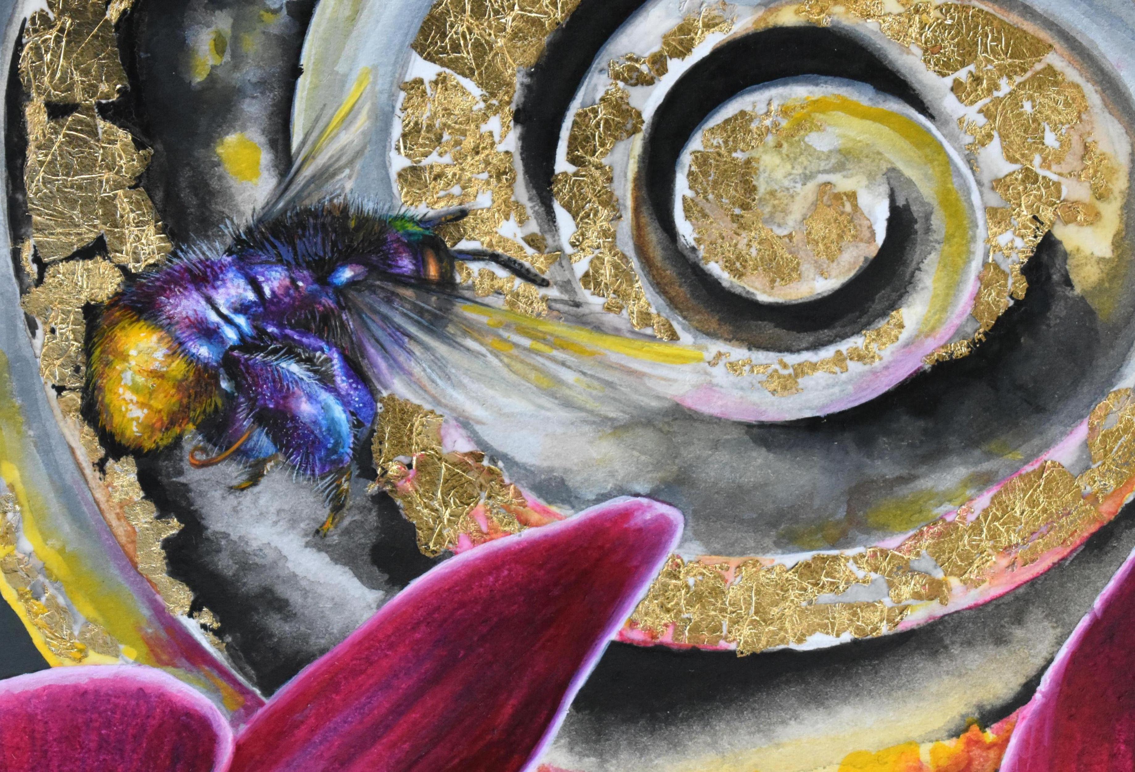 This botanical painting in watercolor, gouache, graphite and gold leaf on Bristol paper depicts bright pint orchids and a bumble bee perched on a golden swirl shape. Fox's excellent use of material allow her to blend multiple images together,