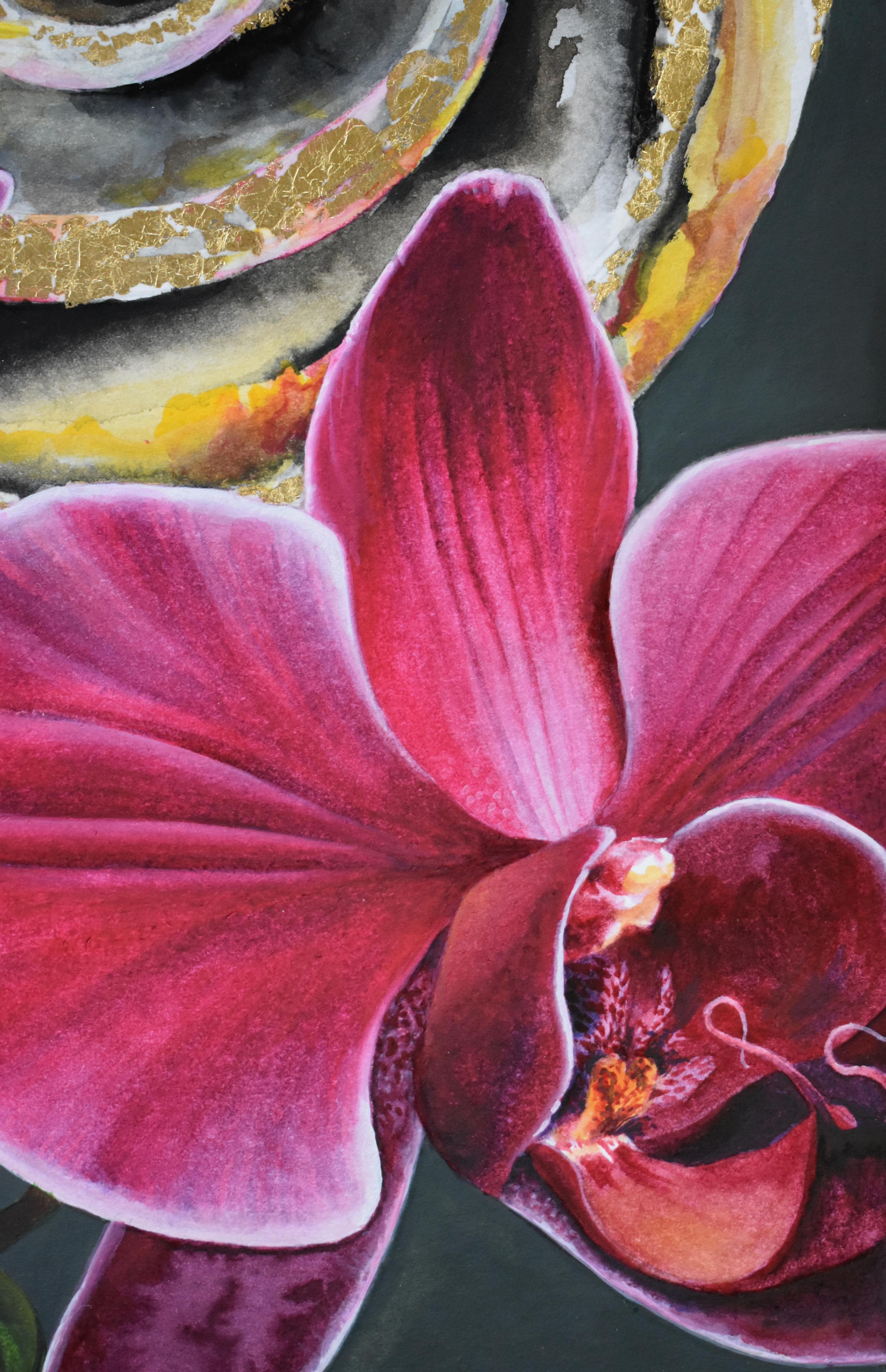 Pink Panama Catacomb, Botanical Painting of Pink Orchids, Golden Bumble Bee 2